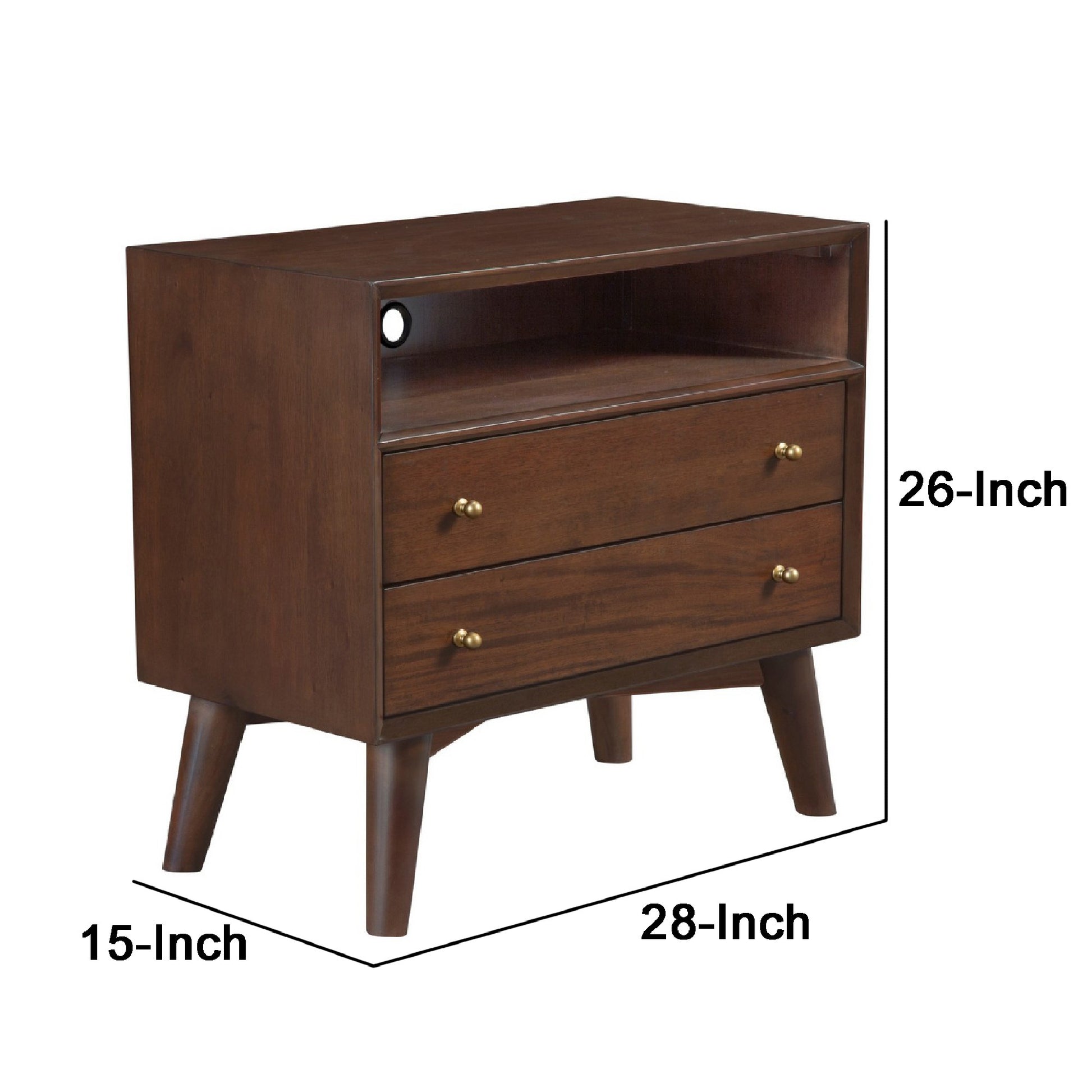 Ian 28 Inch 2 Drawer Nightstand, Open Cubby, Mahogany Wood, Walnut Brown Brown Wood