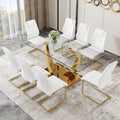 Table And Chair Set.Modern Rectangular Dining Table With Transparent Tempered Glass Tabletop And Gold Plated Metal Legs.Paried With 8 Comfortable Chairs With Pu Seats And Golden Metal Legs. Transparent,White Gold Seats 8 Glass Metal