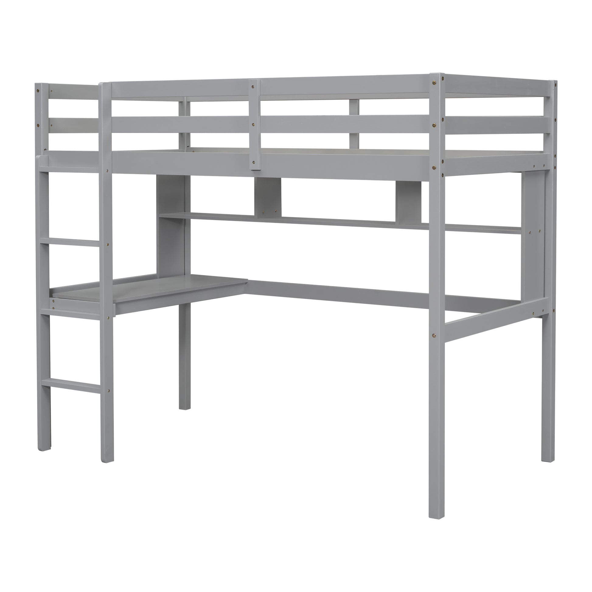Twin Size Loft Bed With Desk And Shelves, Safety Guardrail And Ladder,Grey Twin Grey Pine