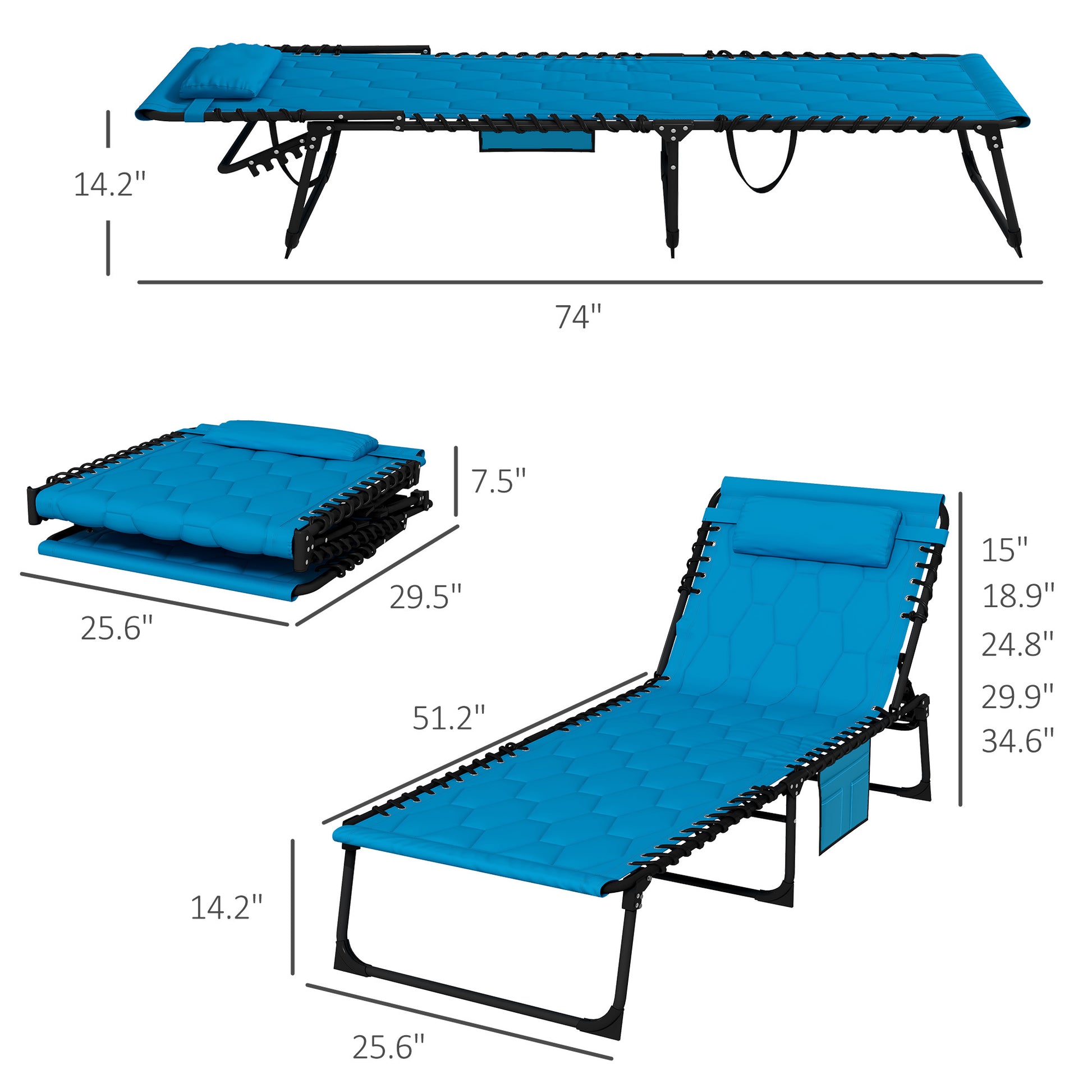 Outsunny Folding Chaise Lounge Set With 5 Level Reclining Back, Outdoor Lounge Tanning Chair With Padded Seat, Side Pocket & Headrest For Beach, Yard, Patio, Sky Blue Blue Steel