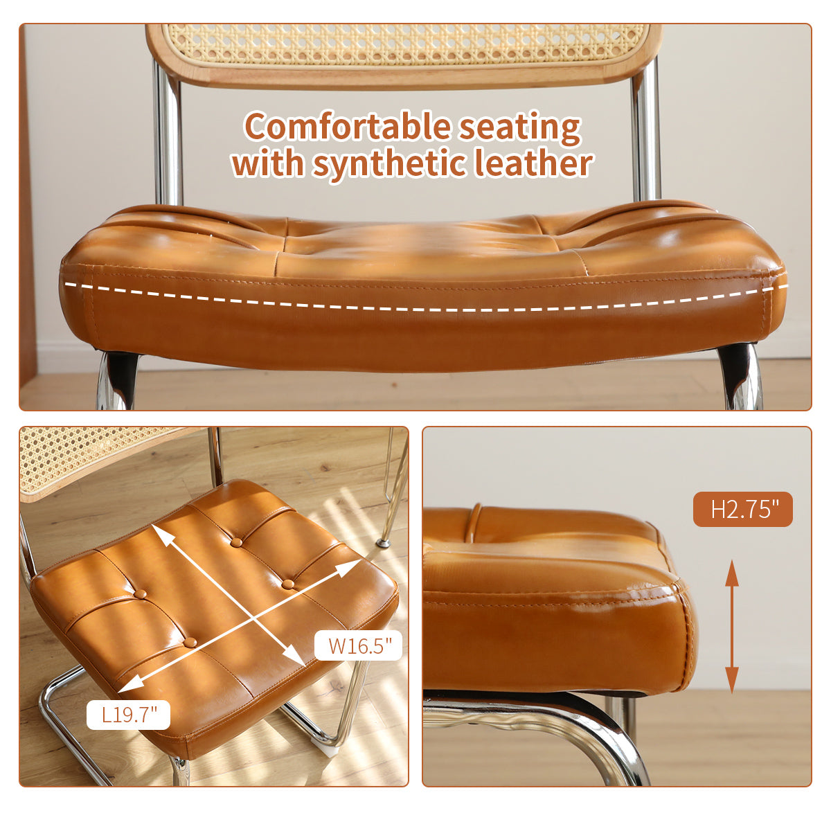 Dining Chairs Set Of 2, Fauex Leather Rattan Side Accent Chairs With Chrome Legs, Modern Mid Century Breuer Designed Chairs, Upholstered Dining Living Room Kitchen Chairs Brown 2Pcs Brown Faux