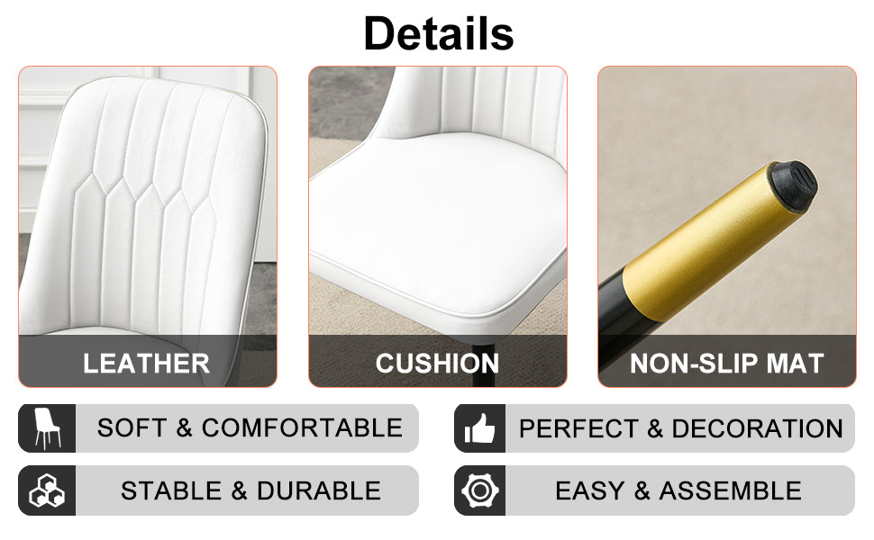 Table And Chair Set.The Table Has A Glass Top With Imitation Marble Pattern Stickers And Stainless Steel Golden Legs. Paried With Chairs With Pu Artificial Leather Backrest Cushions And Black Legs. White Gold Seats 8 Glass Metal