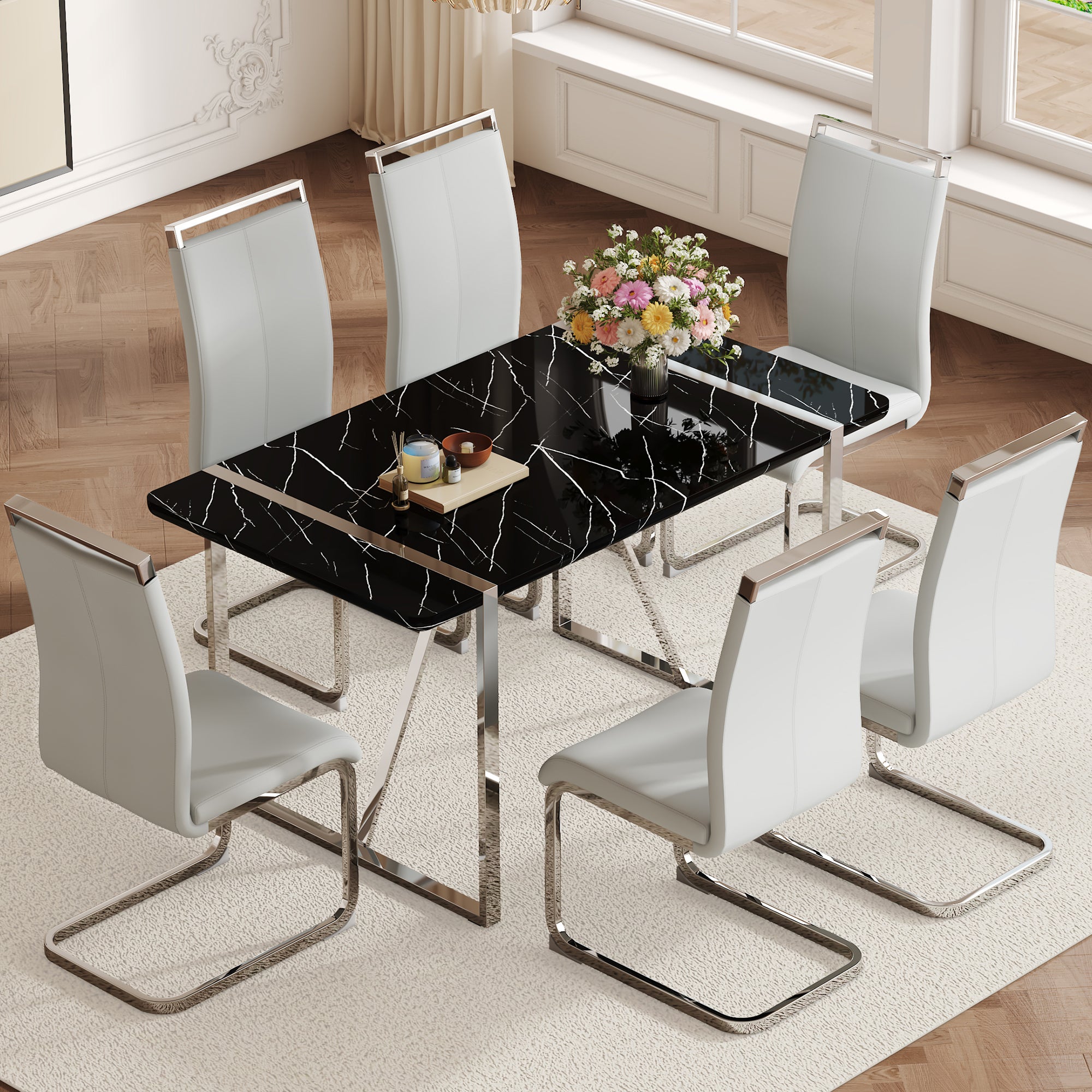 Table And Chair Set.A Rustic Industrial Rectangular Mdf Black Dining Table With Mdf Desktop And Electroplated Silver Metal Legs.Paried With 6 Chairs With Pu Cushion And Metal Legs. Black,Light Gray,Silver Seats 6 Mdf Metal