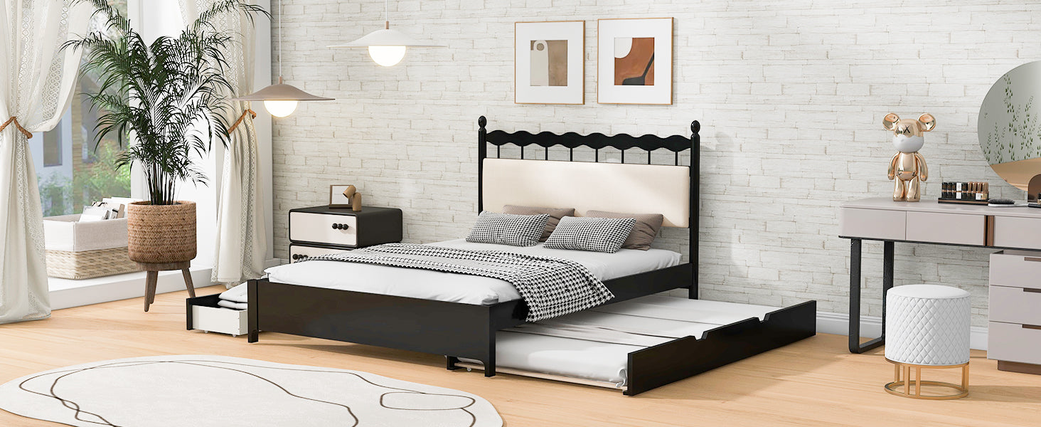 Queen Size Wooden Storage Platform Bed, With 2 Big Drawers, T Size Trundle ,Espresso Queen Espresso Plywood