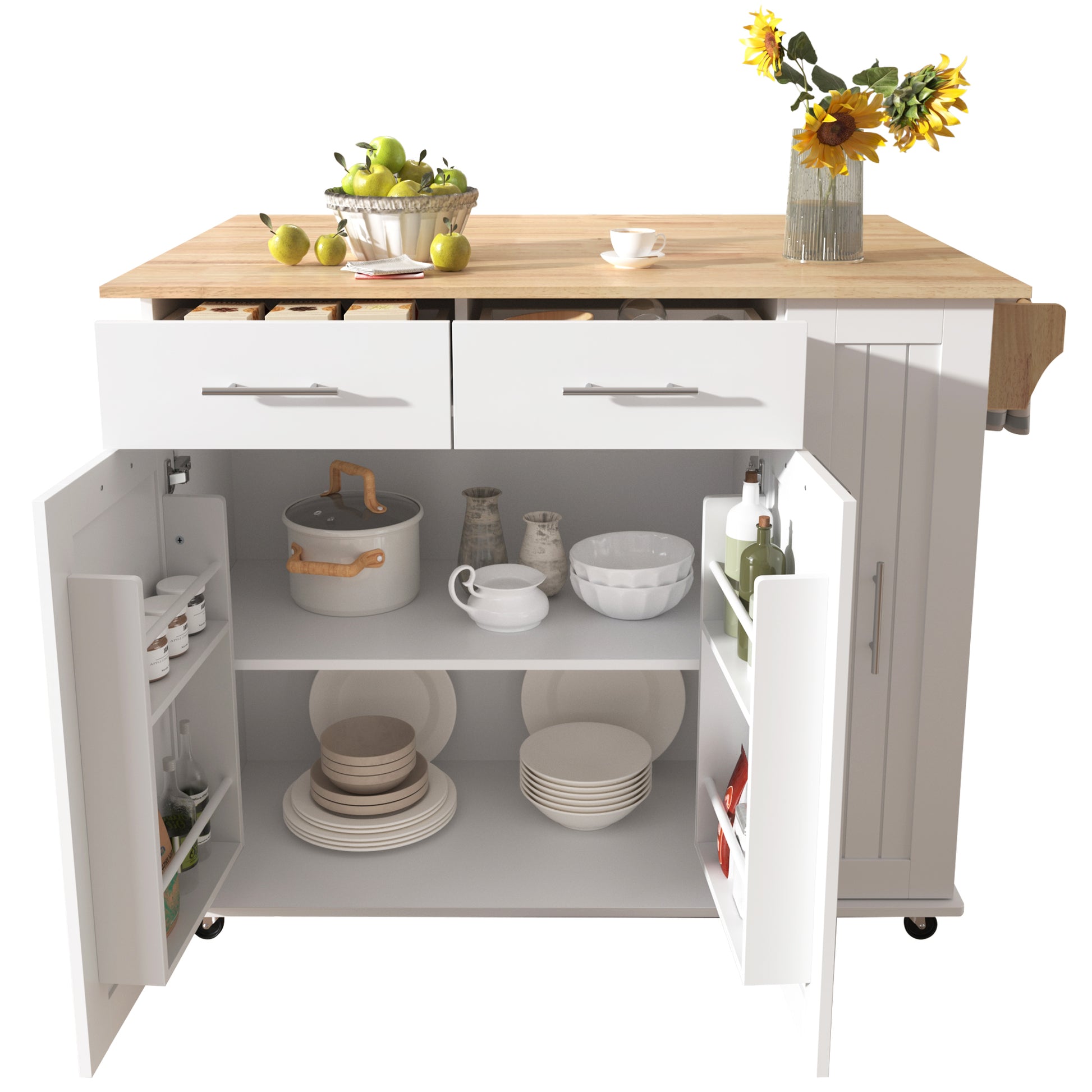 K&K Kitchen Island With Drop Leaf, Kitchen Storage Cart With 3 Tier Pull Out Cabinet Organizer, Internal Storage Rack, Rolling Kitchen Cart On Wheels With Towel Rack, 2 Drawers, For Kitchen, White White Brown Kitchen Classic,Farmhouse,Luxury,Modern