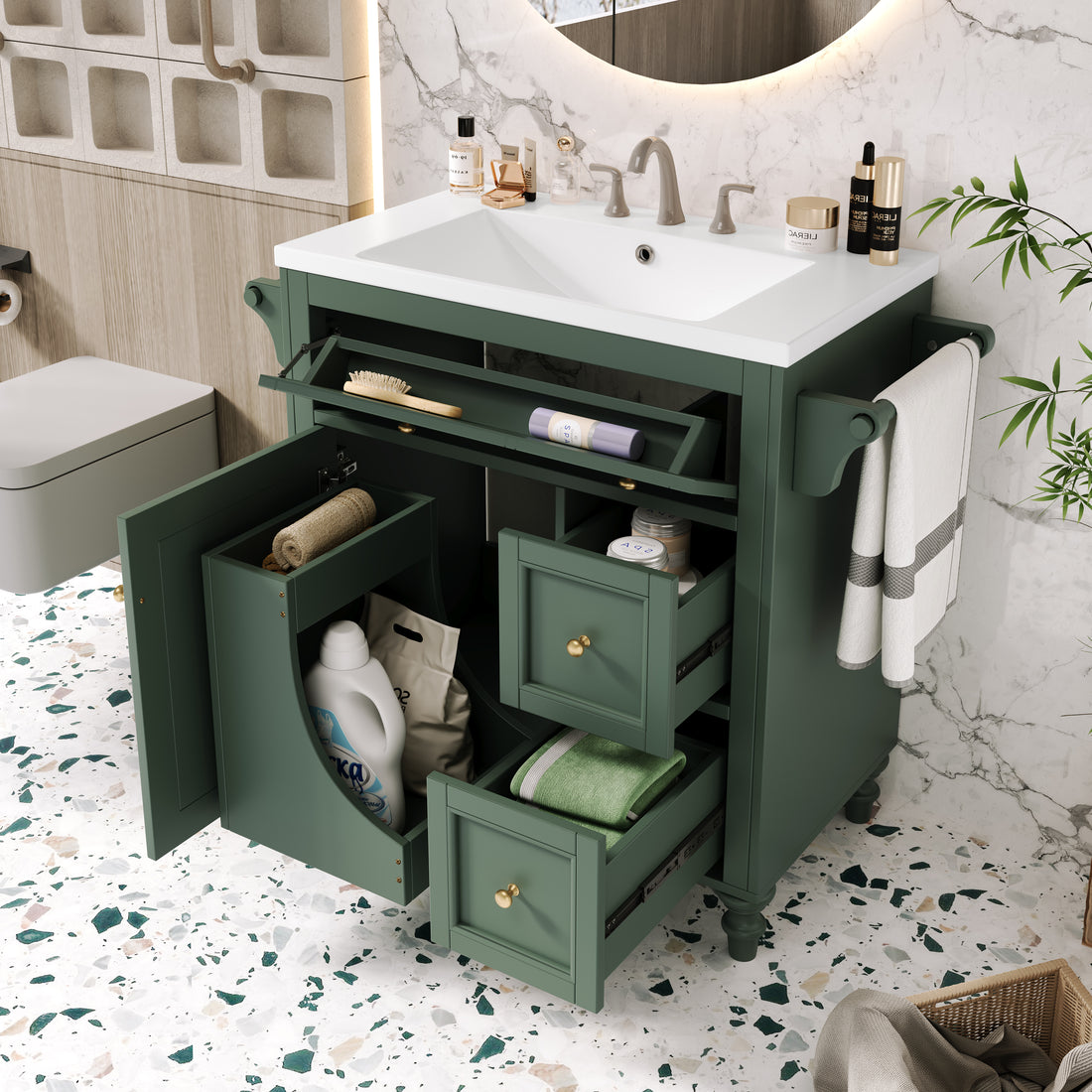 30'' Bathroom Vanity With Top Sink, Modern Bathroom Storage Cabinet With 2 Drawers And A Tip Out Drawer, Single Sink Bathroom Vanity Same As N710S130001F Green Bathroom Modern Solid Wood Mdf Resin