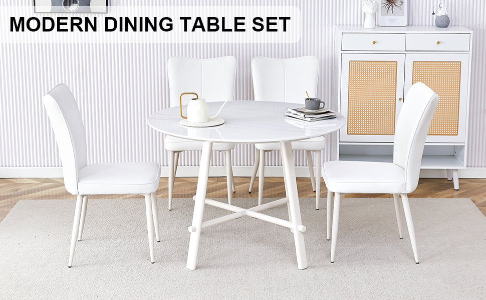 Table And Chair Set, Mdf Desktop, White Metal Table Legs, Stable And Beautiful, Suitable For Most Styles Of Home. Modern Simple Dining Table, Comfortable Seating. White Seats 4 Mdf
