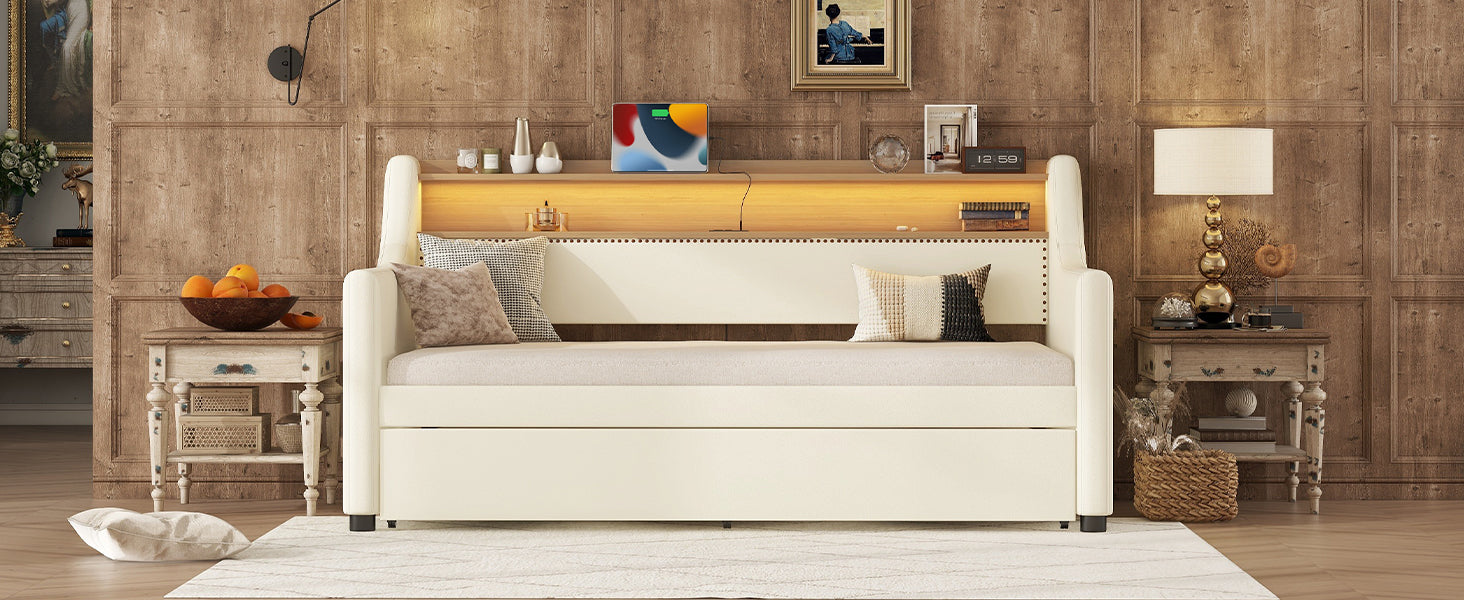 Twin Size Daybed With Trundle, Upholstered Daybed With Charging Station And Led Lights, White Twin White Pu Leather