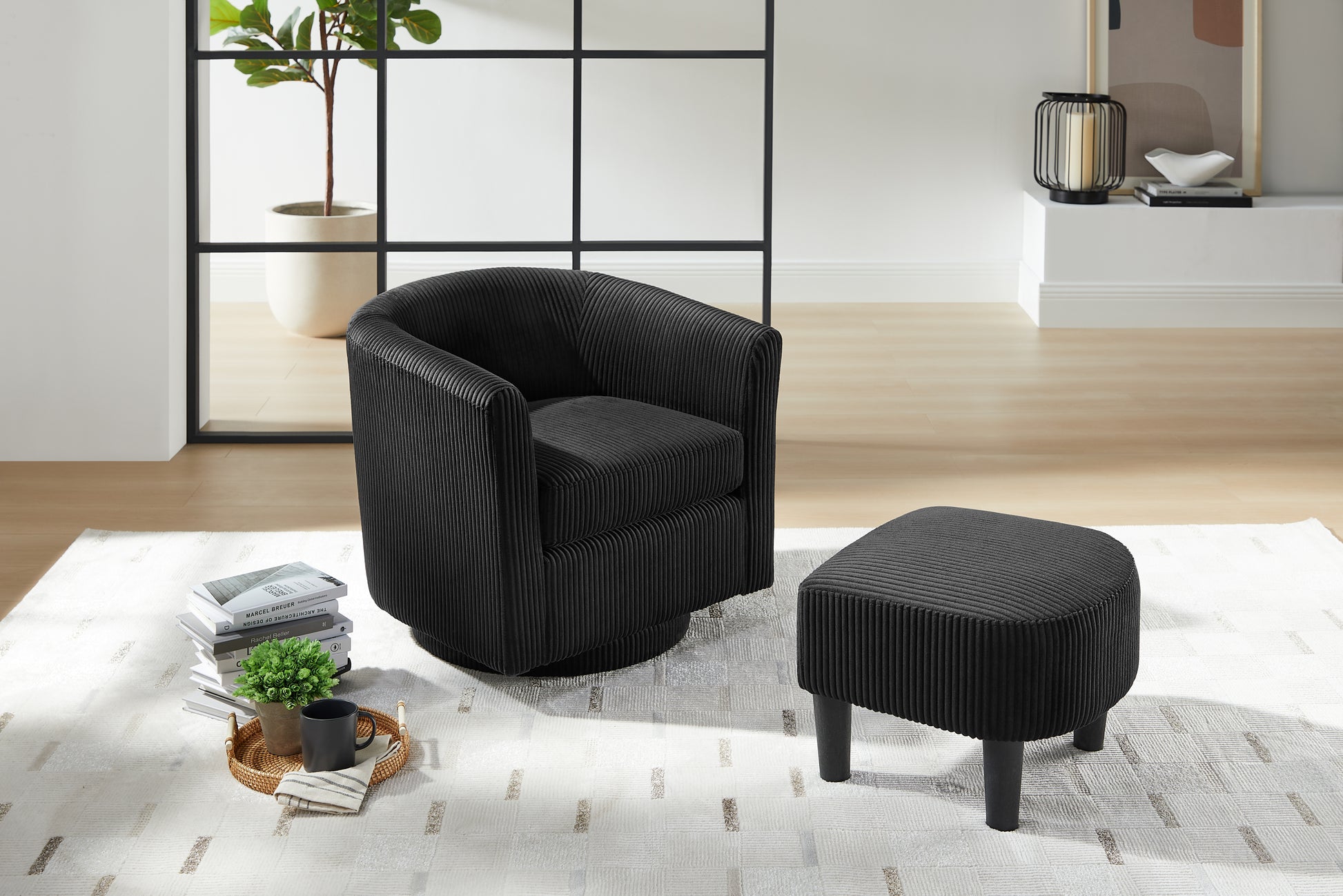 Swivel Accent Chair 360 Comfy Recliner Corduroy Arm Chair Single Sofa With Ottoman For Living Room Bedroom,Black Black Fabric