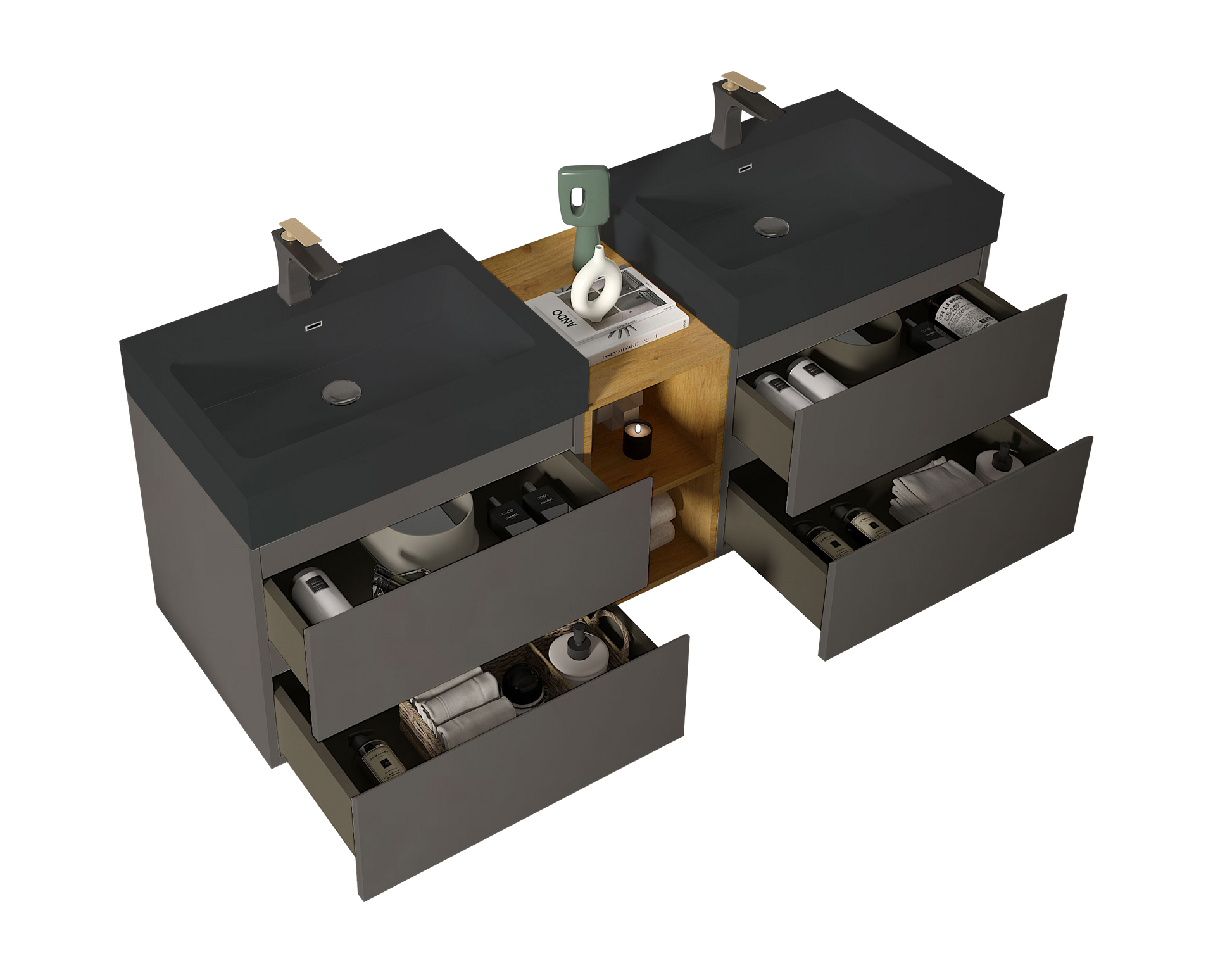 U096 Alice72W 102 Alice 72" Space Gray Bathroom Vanity With Double Sinks And Open Shelf, Modern Wall Mounted Floating Bathroom Vanity, One Piece Sink Basin Without Drain And Faucet Light Gray Bathroom Modern Engineered Wood