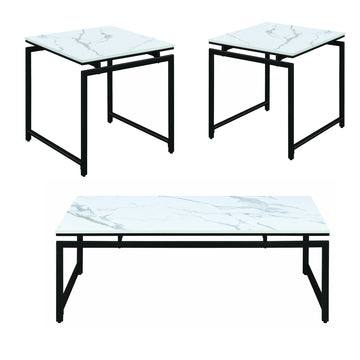 3 Piece Metal Base Occasional Table Set With Faux Marble Top, Black And White Black White Fabric Metal