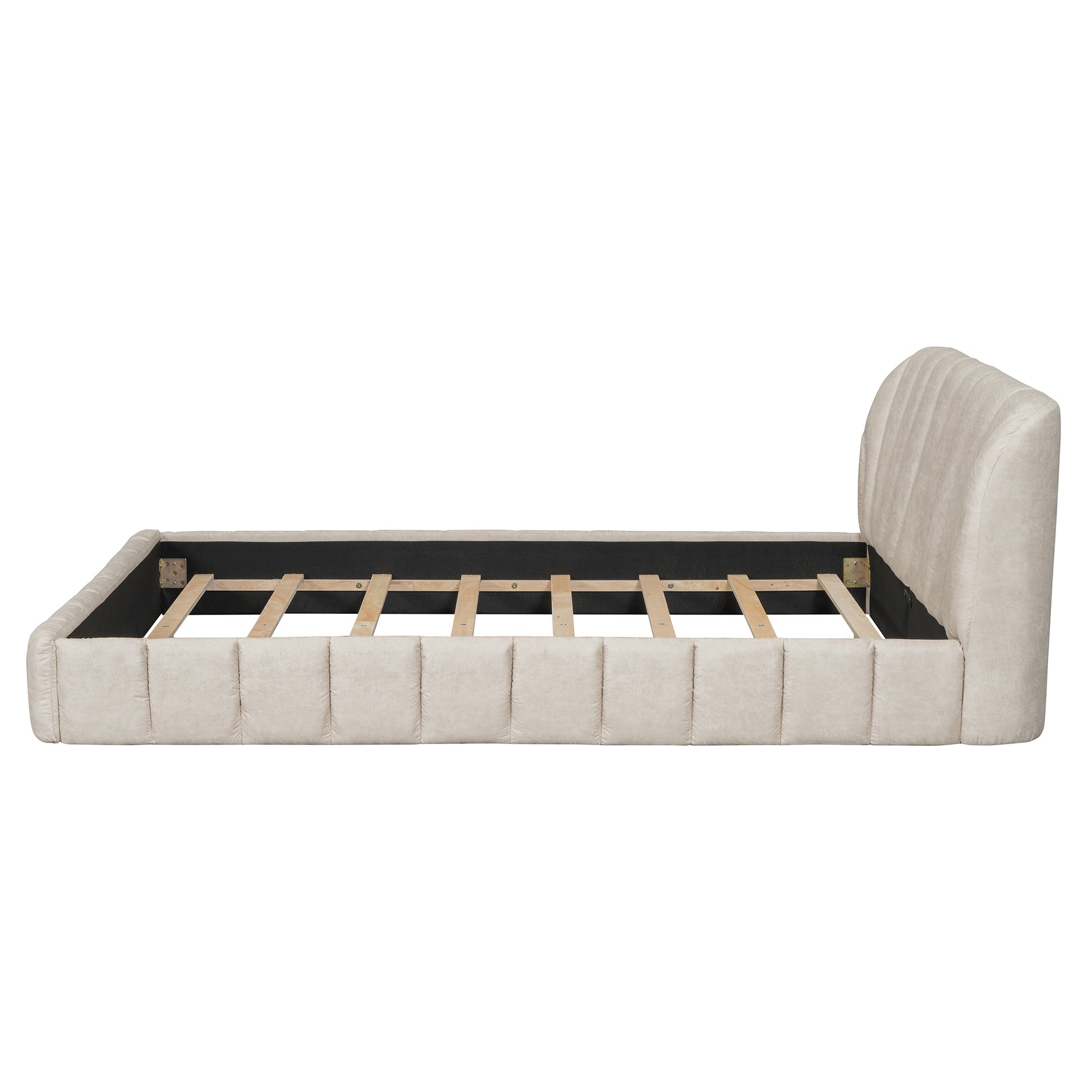 Queen Size Upholstered Platform Bed With Thick Fabric, Polyester, Beige Queen Beige Polyester