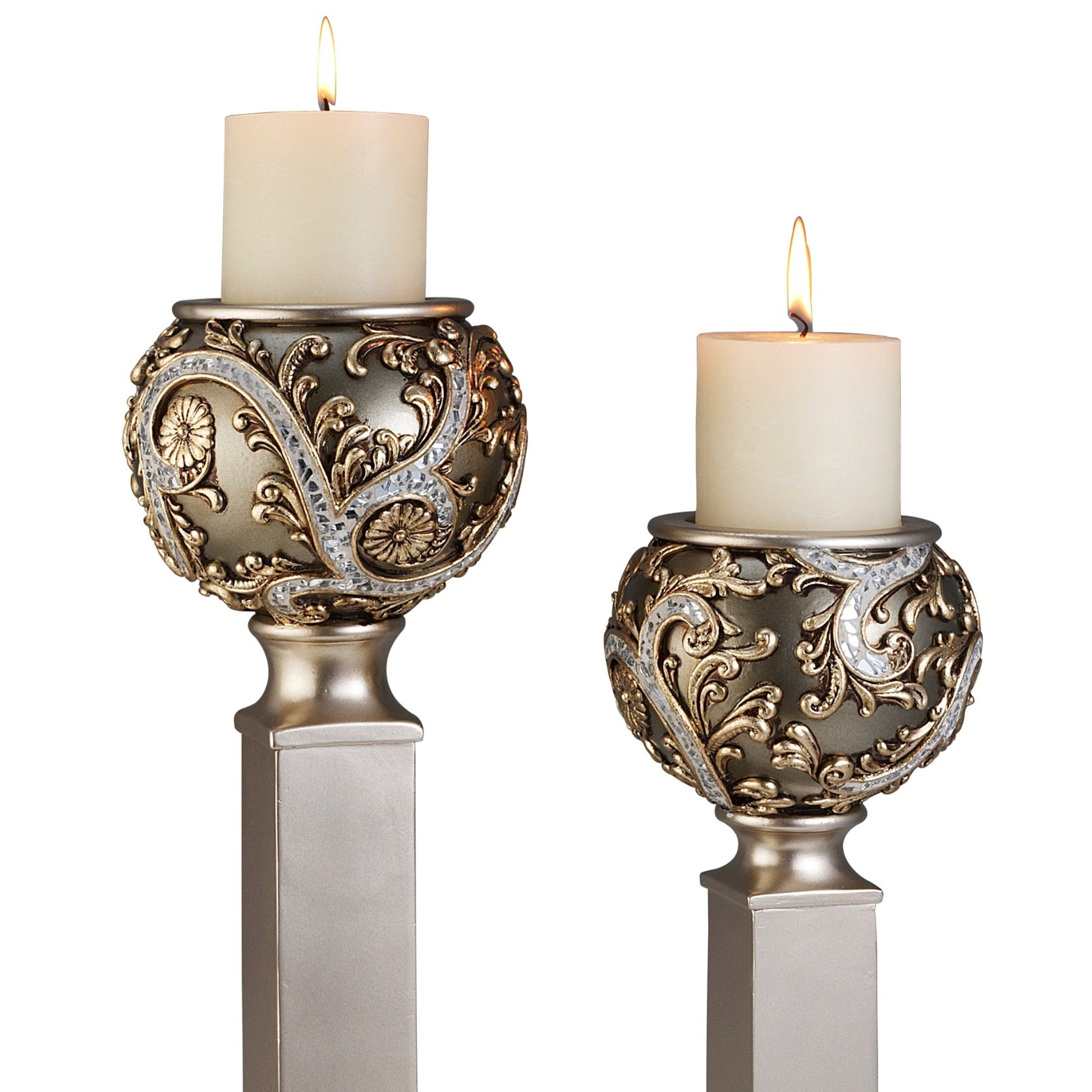15" And 19" Polyresin "Vine" Candleholder, Silver Finish Set Of 2 Silver Polyresin