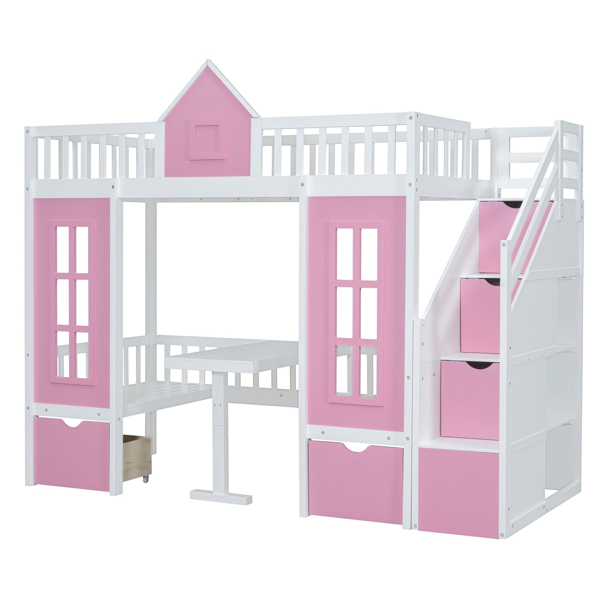 Twin Over Twin Bunk Bed With Changeable Table, Bunk Bed Turn Into Upper Bed And Down Desk Pink Twin Pink Solid Wood