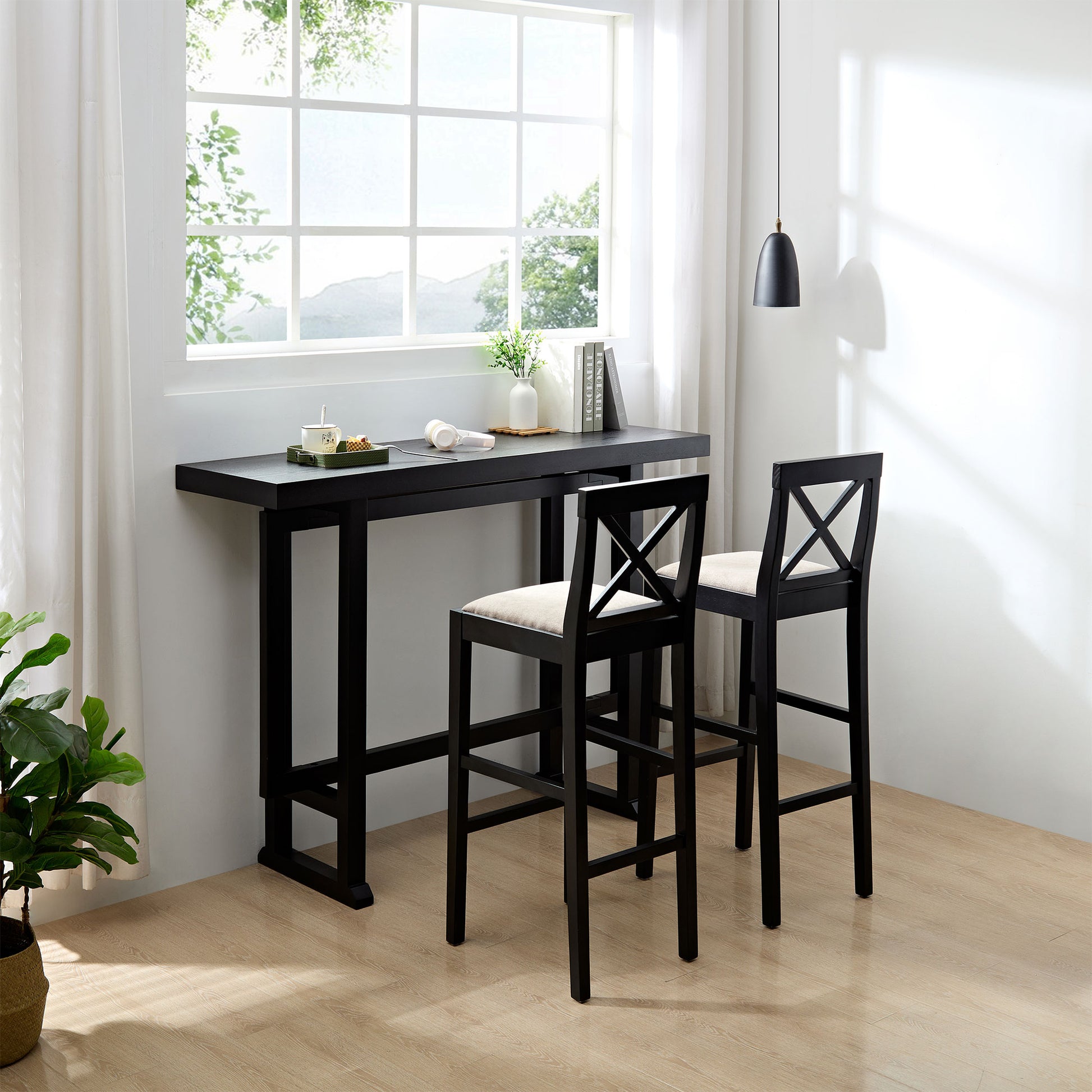 Bar Table,Bar Chair, Extra Long Entryway Table For Entryway, Hallway, Living Room, Foyer, Corridor, Rectangular Wood High Top Kitchen Dining Table, Black Matt Black Solid Wood Mdf