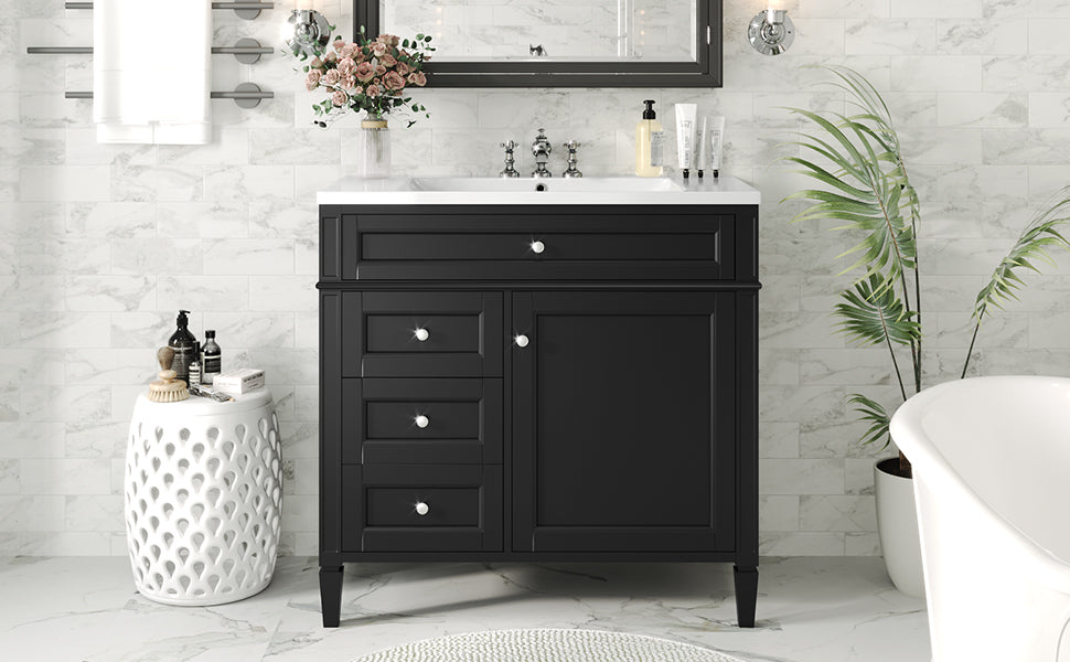 36'' Bathroom Vanity With Top Sink, Modern Bathroom Storage Cabinet With 2 Drawers And A Tip Out Drawer, Single Sink Bathroom Vanity Black Bathroom Solid Wood Mdf