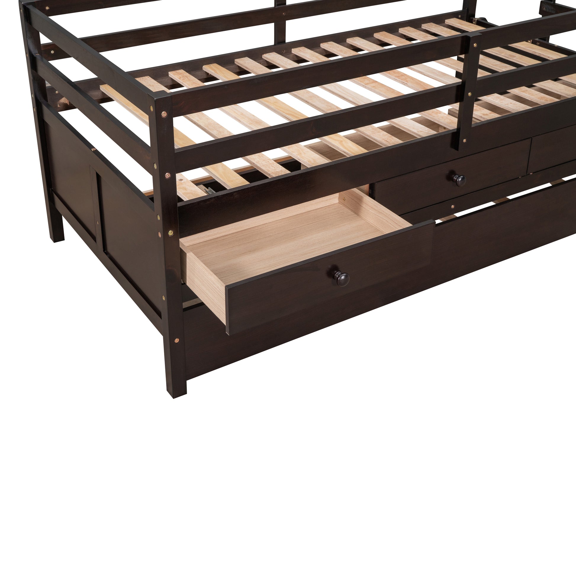 Low Loft Bed Twin Size With Full Safety Fence, Climbing Ladder, Storage Drawers And Trundle Espresso Solid Wood Bed Espresso Solid Wood
