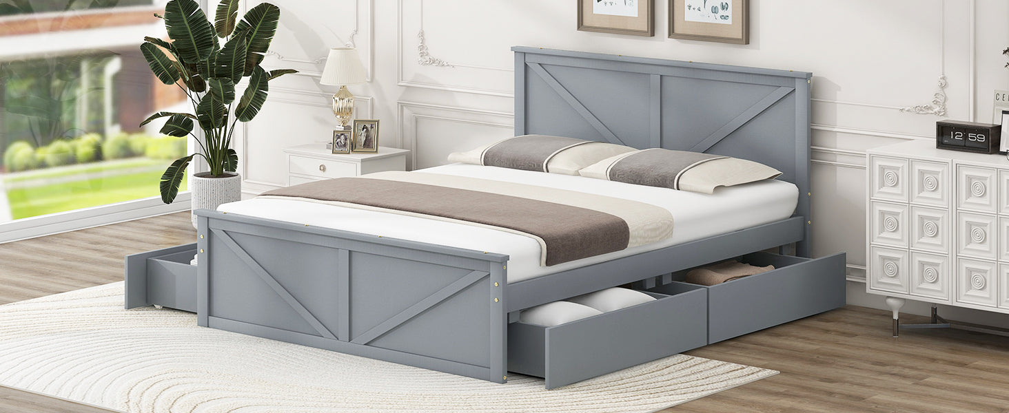 Queen Size Wooden Platform Bed With Four Storage Drawers And Support Legs, Gray Queen Gray Pine