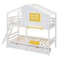 Twin Over Twin Bunk Bed With 2 Drawers, 1 Storage Box, 1 Shelf, Window And Roof White Old Sku:Lt001608Aak Twin White Solid Wood