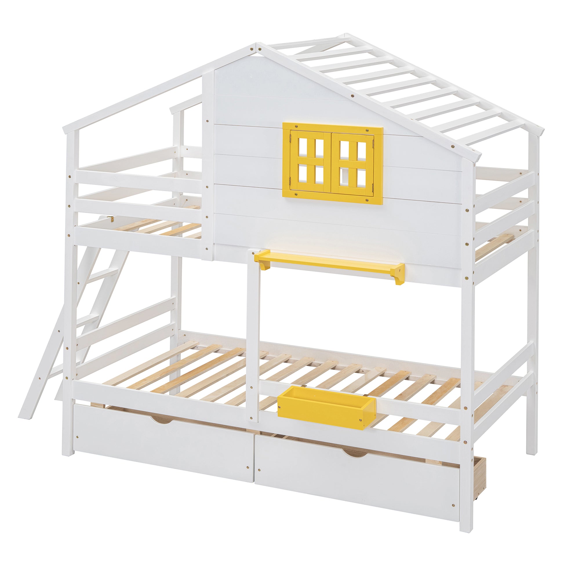 Twin Over Twin Bunk Bed With 2 Drawers, 1 Storage Box, 1 Shelf, Window And Roof White Old Sku:Lt001608Aak Twin White Solid Wood