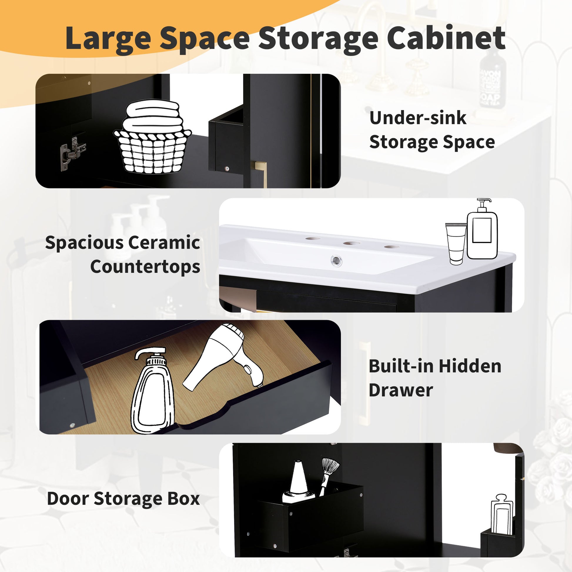 30 Inch Bathroom Vanity With Ceramic Basin, Soft Close Door, Built In Hidden Drawer Black Bathroom Solid Wood Mdf