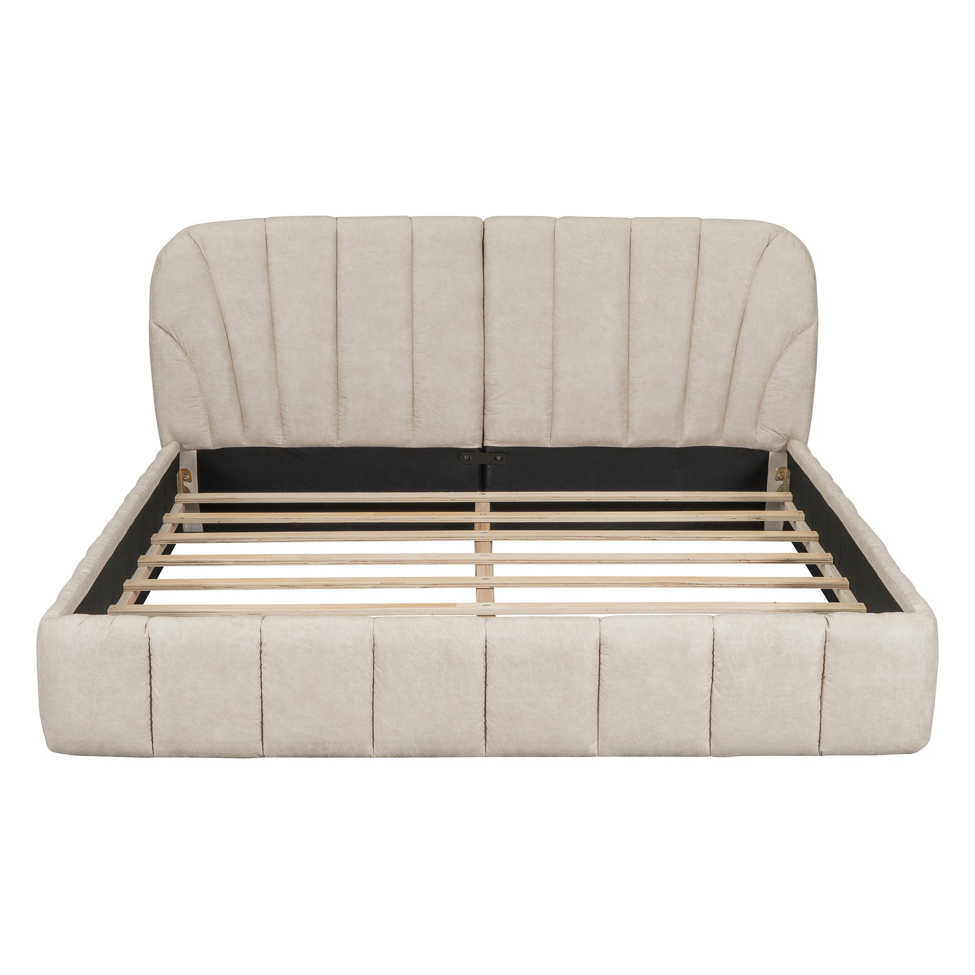 Queen Size Upholstered Platform Bed With Thick Fabric, Polyester, Beige Queen Beige Polyester