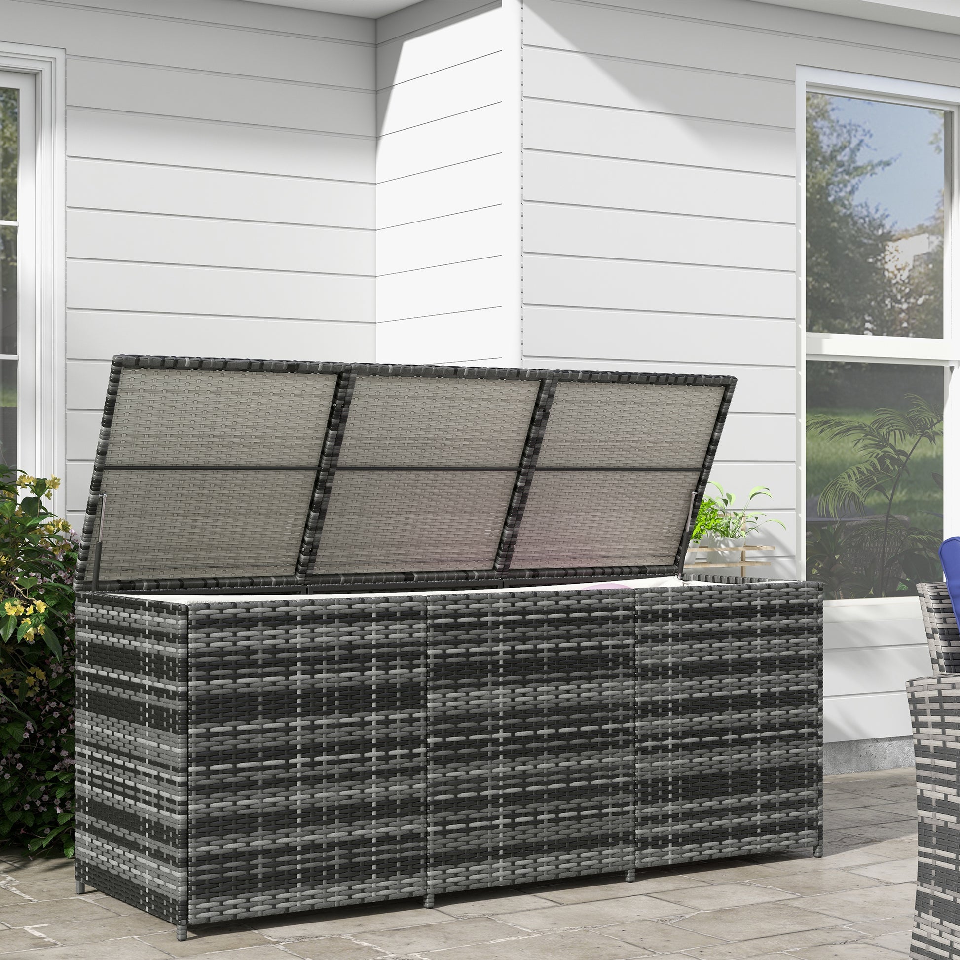 Outsunny 175 Gallon Outdoor Storage Box With Inner Liner, Pe Rattan Wicker Deck Box With Pneumatic Bar Lift For Indoor & Outdoor, Patio Furniture Cushions, Pool Toys, Garden Tools, Mixed Gray Grey Steel