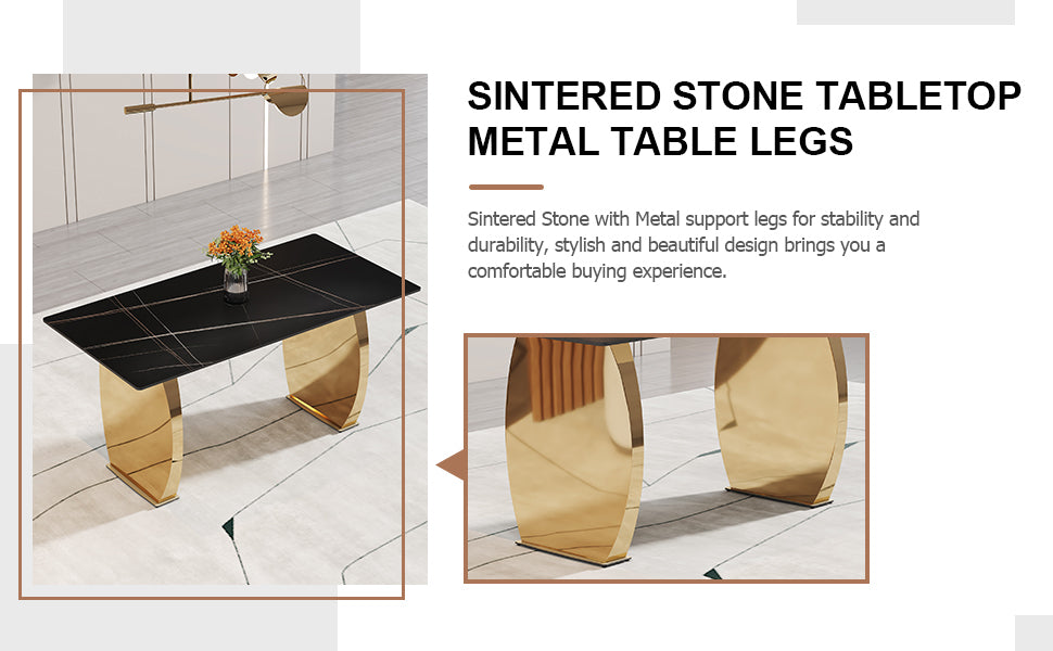 Table And Chair Set,Modern Rectangular Table With 0.4 Inch Black Patterned Tabletop And Gold Legs, Suitable For Kitchen, Dining Room, And Living Roomcomfortable Pu Seats,Perfect For Dinner, Meet Grey Black Seats 6 Sintered Stone