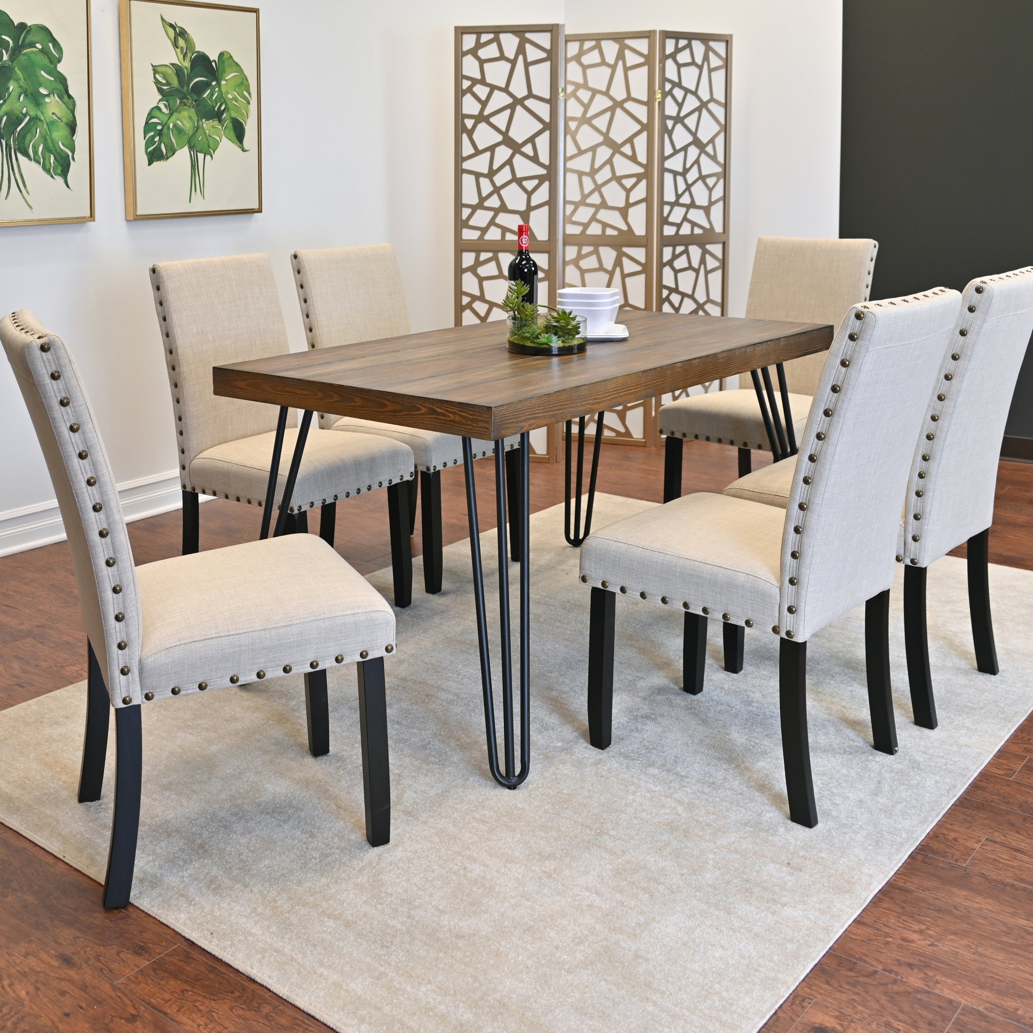 Amisos 7 Piece Dining Set, Hairpin Dining Table With 6 Chairs, 3 Color Options Wood Wood Brown Seats 6 Metal Dining Room Fixed Table Rectangular 4 Leg Rectangular Dining Table With Chair Mdf