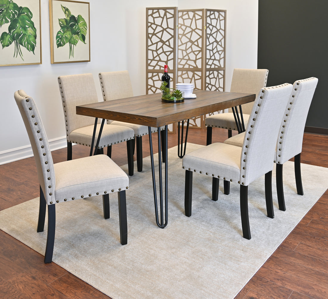 Amisos 7 Piece Dining Set, Hairpin Dining Table With 6 Chairs, 3 Color Options Wood Wood Brown Seats 6 Metal Dining Room Fixed Table Rectangular 4 Leg Rectangular Dining Table With Chair Mdf