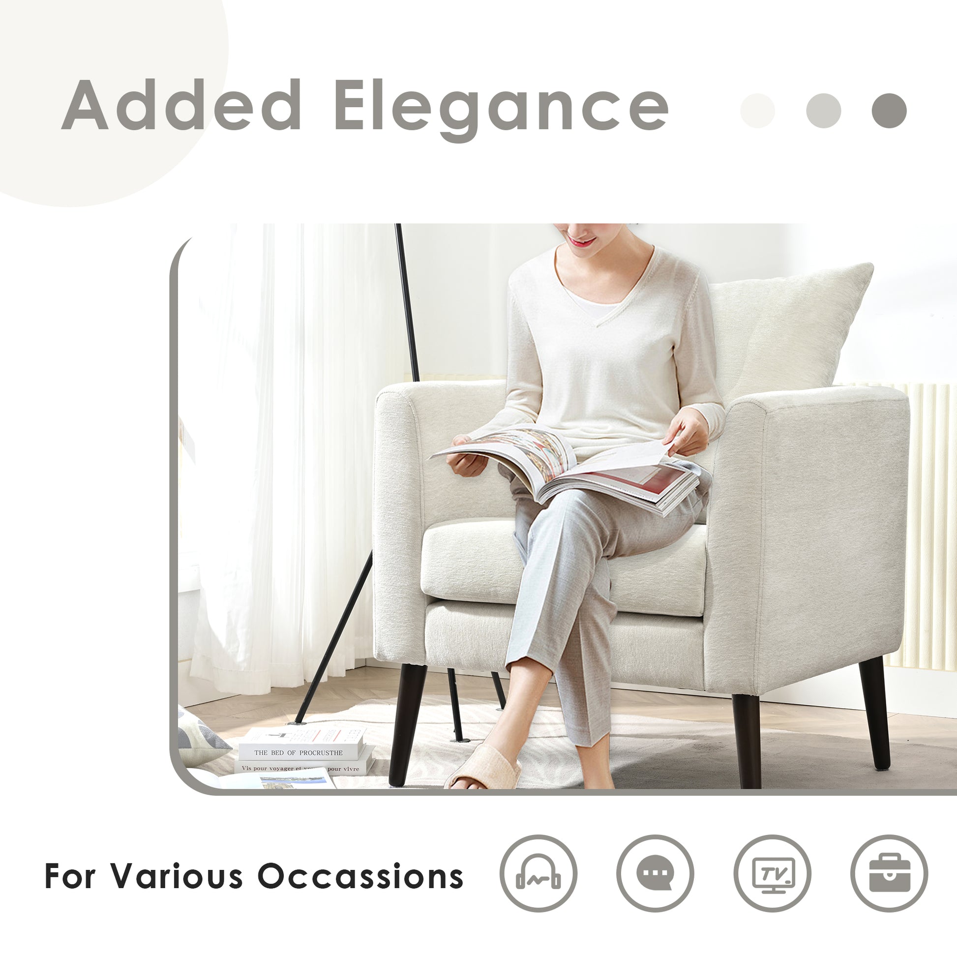 Barrel Chair, Chenille Accent Chair, Fabric Armchair Club Chair,Upholstered Arm Chair With Solid Wood Legs,Waist Pillow,Padded Single Chair For Living Room Bedroom Study Waiting Room,Beige Beige Light Brown Primary Living Space Modern Rubberwood Foam