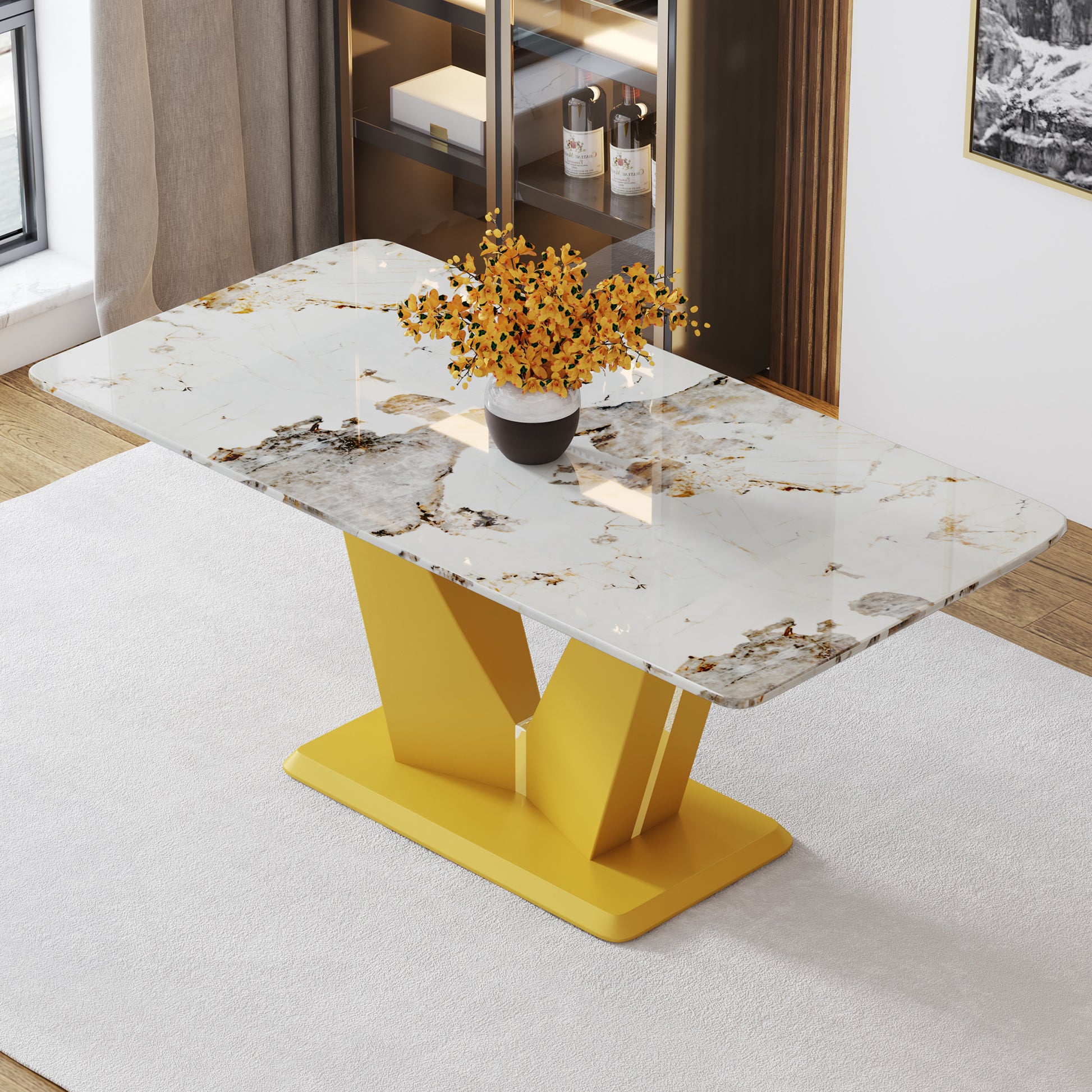 Modern Minimalist Rectangular Dining Table, 0.4 "Thick, Imitation Marble Patterned Glass Tabletop, Gold Mdf Legs. "71" * 35.4" *30" Gold Mdf Glass