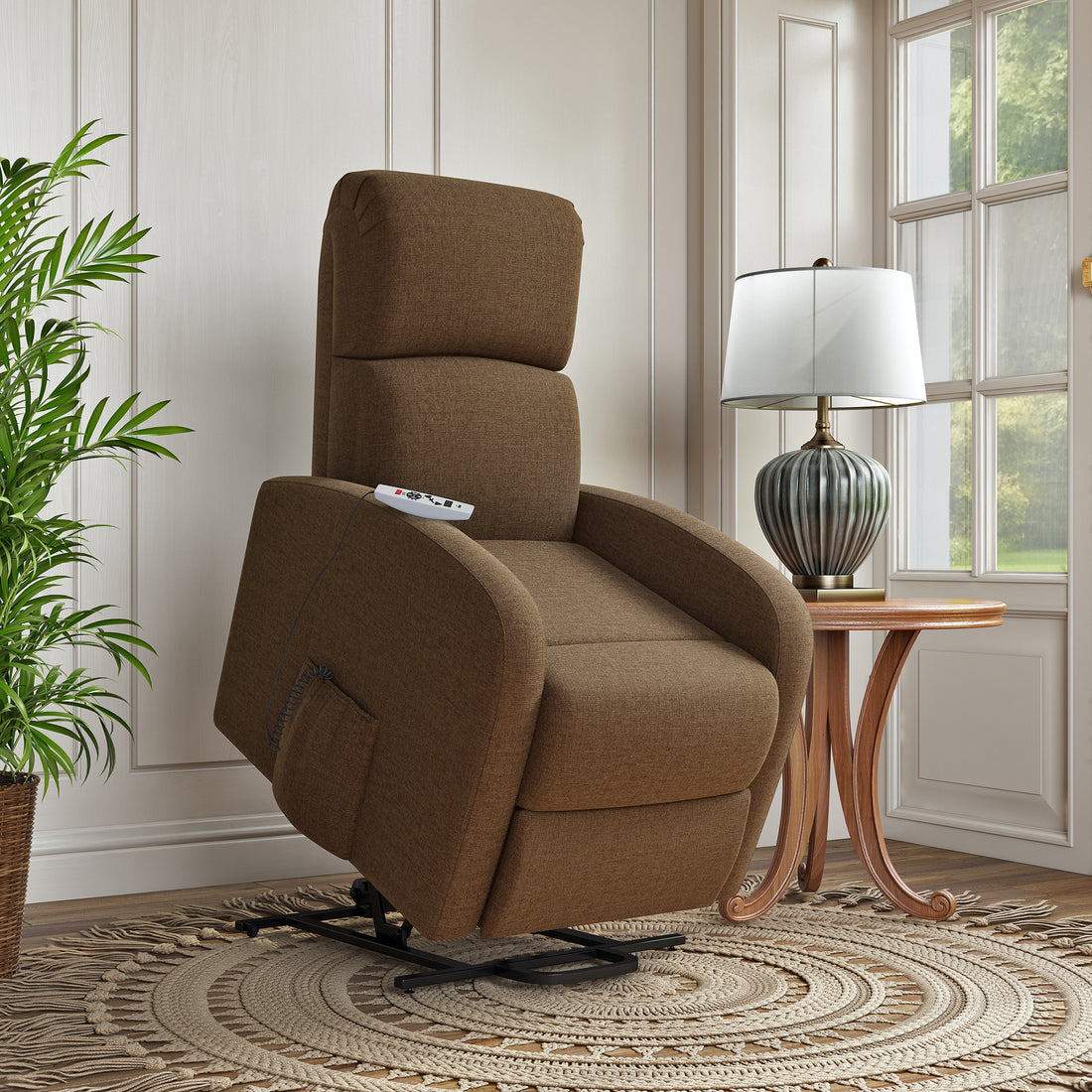 The Chestnut Recliner Brown Polyester Power Remote Wood Soft Cushion Back Push Button Fiber Foam Pads Polyester