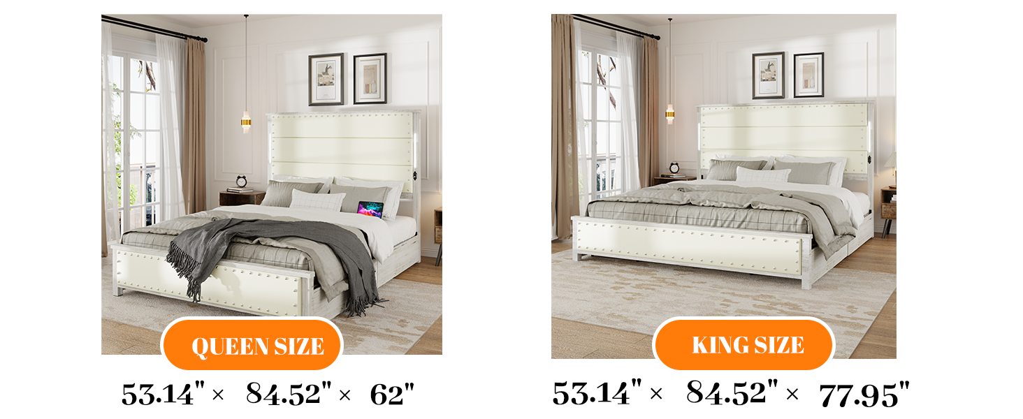 King Size Bed Frame With Upholstered Headboard And 4 Storage Drawersking Bed Frame With Charging Station And Led Lights, Wood Slats, Beige Faux Leather & Rivets, No Box Spring Needed Box Spring Not Required King Antique White Wood Bedroom Bed Frame Faux