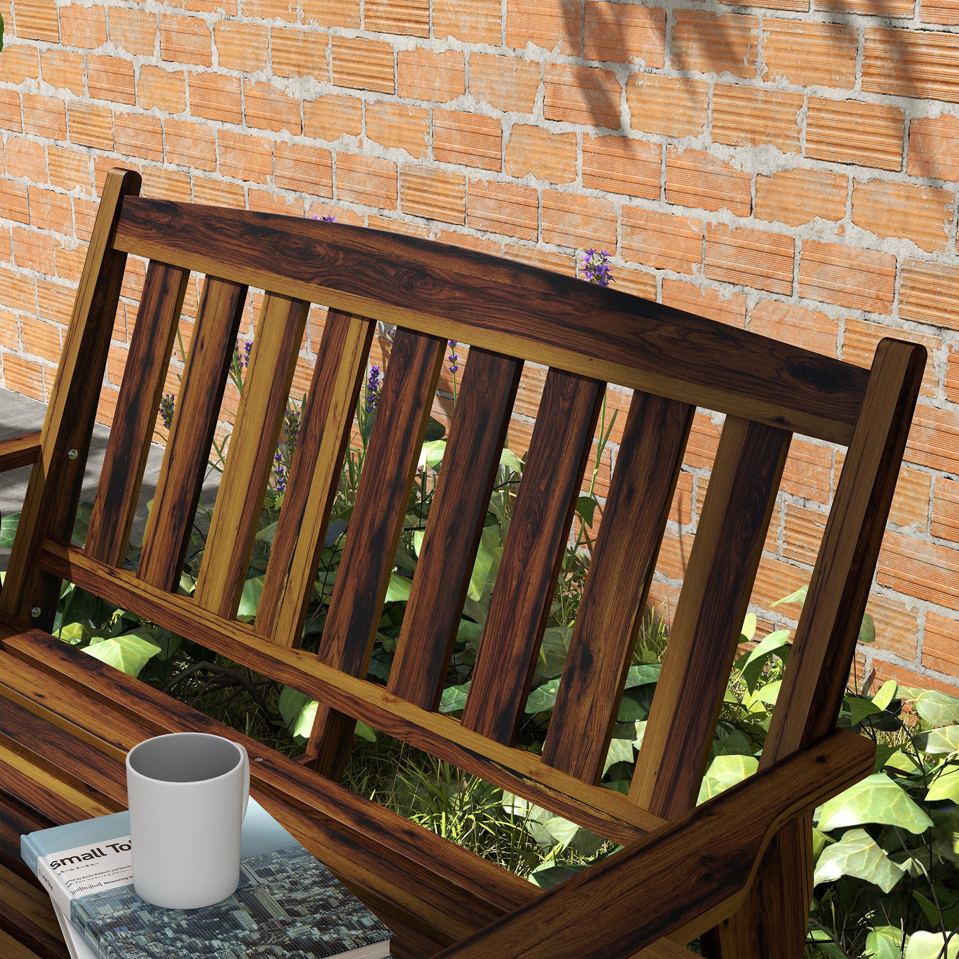 Outsunny Wood Outdoor Bench, 2 Person Garden Bench With Cupholder Armrests, Slatted Seat And Backrest, Park Bench For Patio, Porch, Lawn, Deck, Carbonized Black Brown Wood