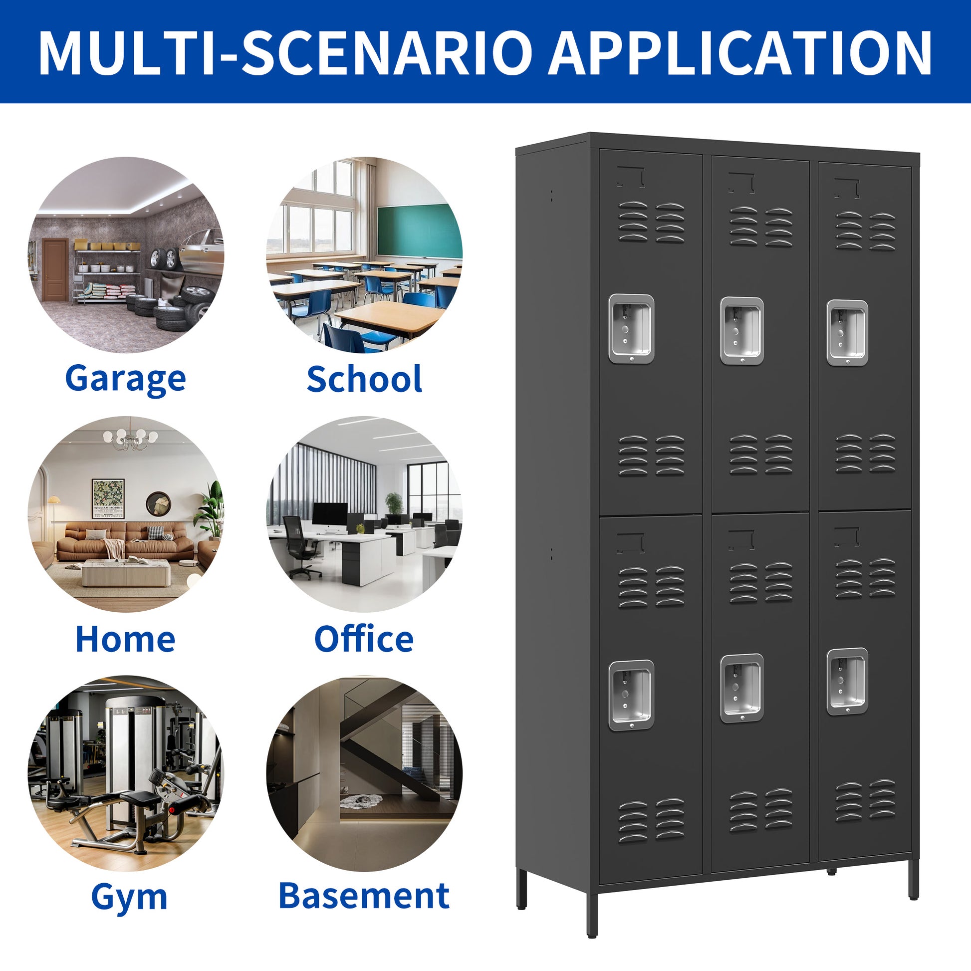 6 Door 72"H Metal Lockers With Lock For Employees,Storage Locker Cabinet For Home Gym Office School Garage,Black 5 Or More Spaces Black Primary Living Space Modern Metal