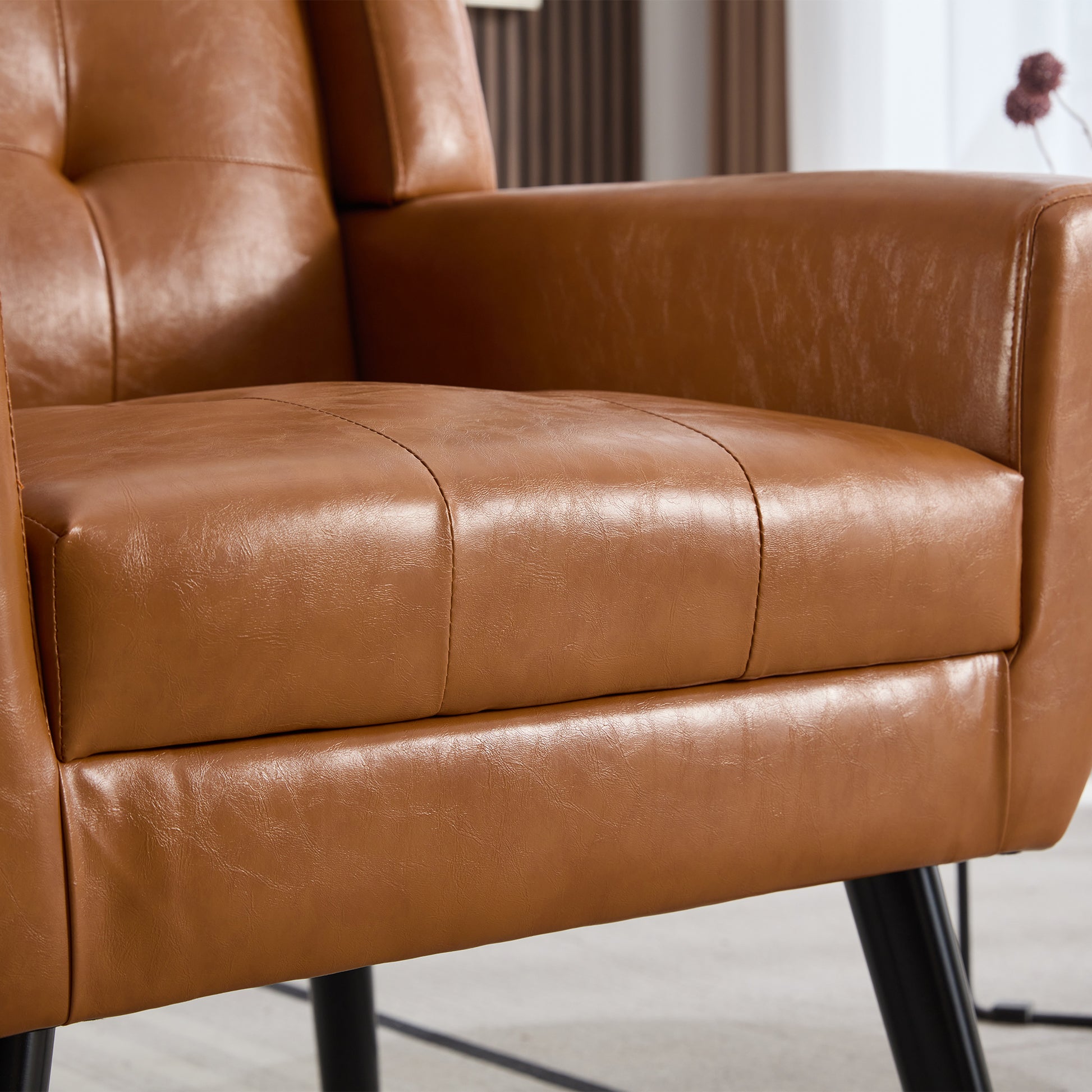 Modern Soft Leather Material Ergonomics Accent Chair Living Room Chair Bedroom Chair Home Chair With Black Legs For Indoor Home Light Brown Pu Light Brown Foam Upholstered