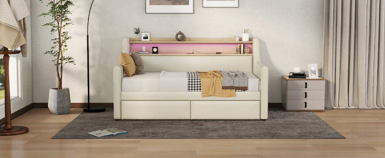 Twin Size Daybed With Storage Drawers, Upholstered Daybed With Charging Station And Led Lights, Beige Expect Arrive Date: Jun.,20Th. Twin Beige Pu Leather