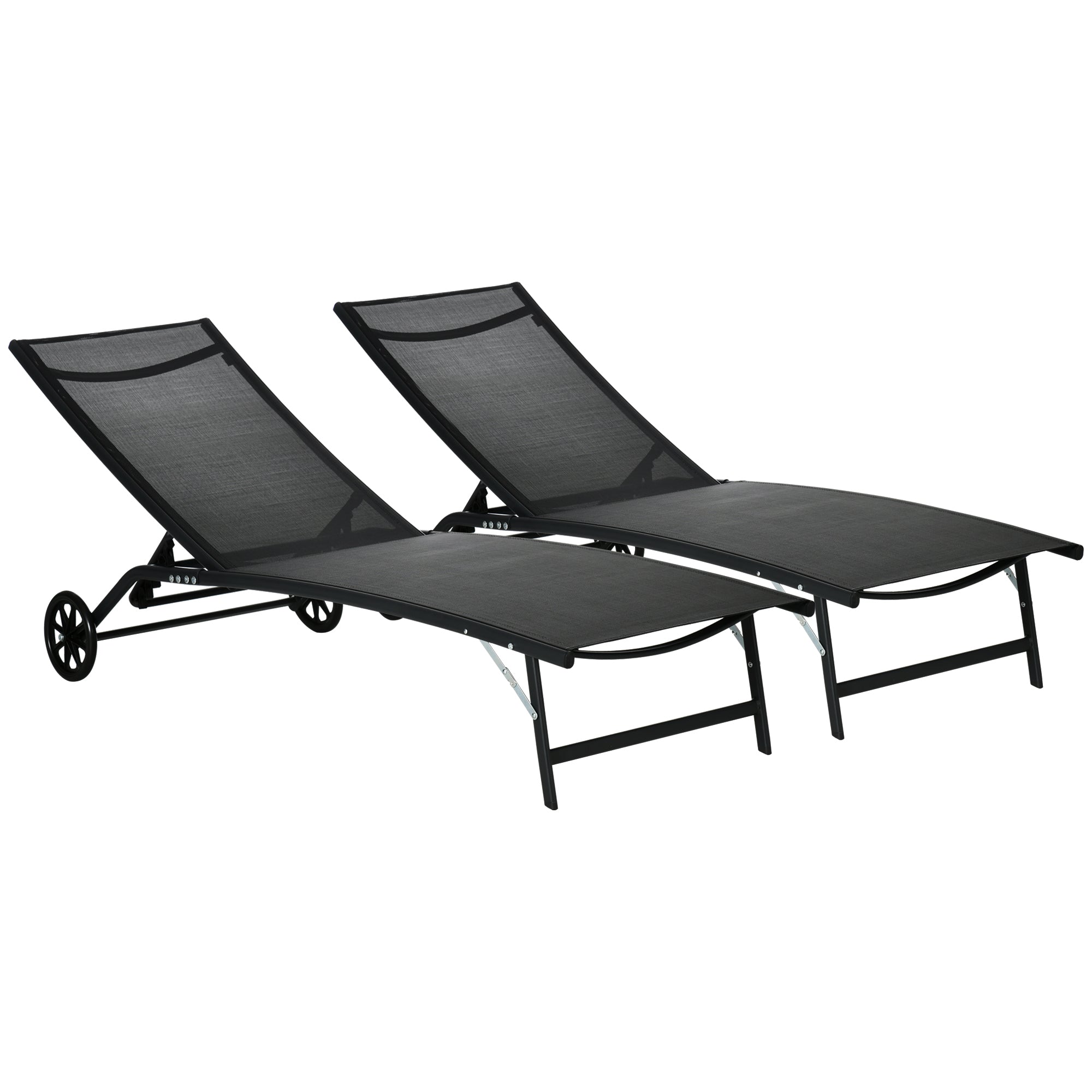 Outsunny Chaise Lounge Outdoor, 2 Piece Lounge Chair With Wheels, Tanning Chair With 5 Adjustable Positions For Patio, Beach, Yard, Pool, Black Black Fabric