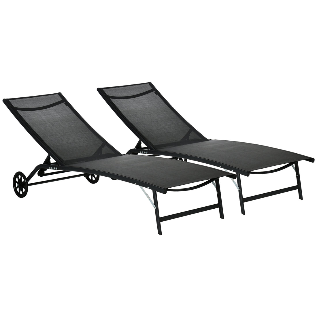 Outsunny Chaise Lounge Outdoor, 2 Piece Lounge Chair With Wheels, Tanning Chair With 5 Adjustable Positions For Patio, Beach, Yard, Pool, Black Black Fabric