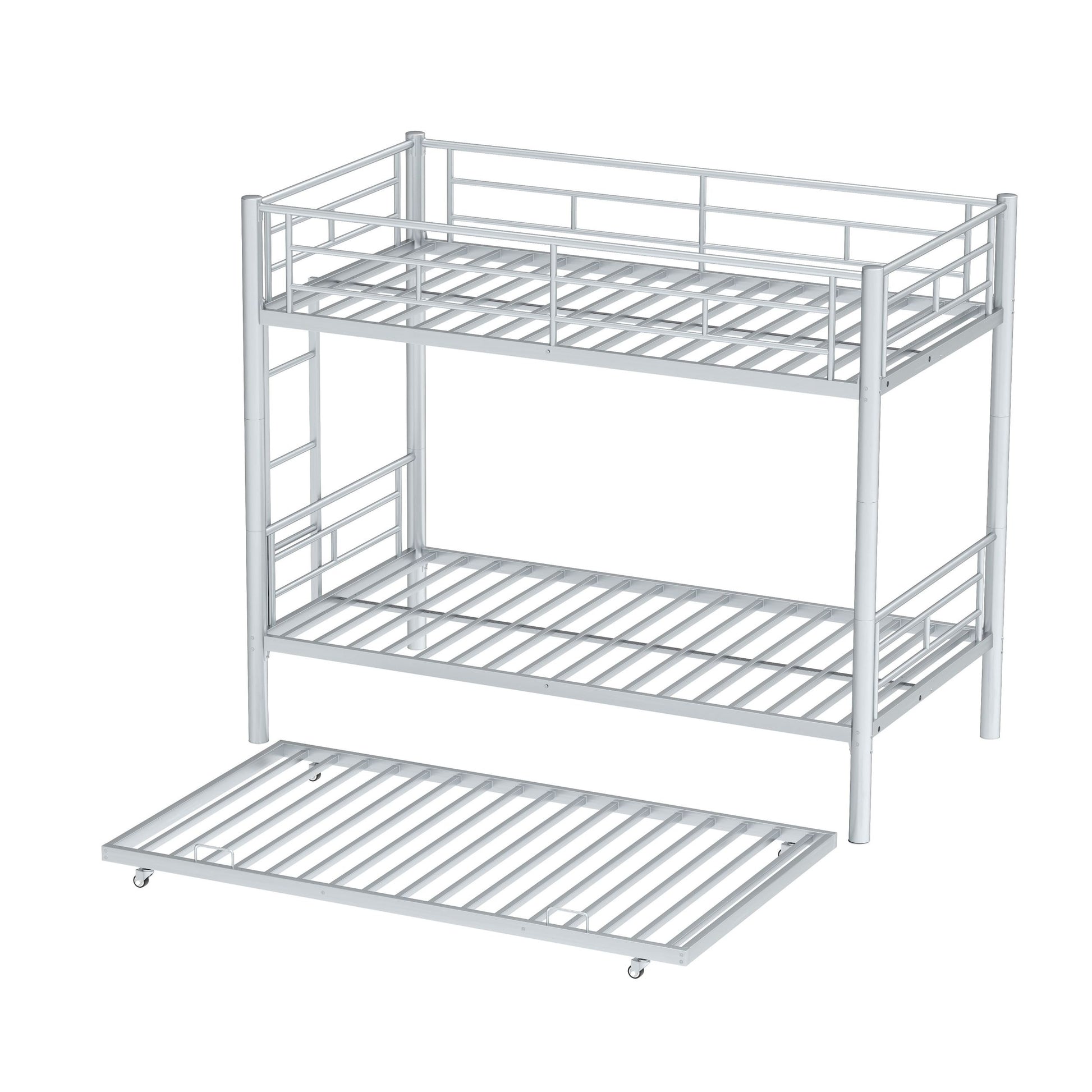 Heavy Duty Sturdy Meta Twin Over Twin With Trundle Bunk Bed L Noise Reduced Safety Guardrail No Box Spring Needed,Gray Silver Twin Gray Silver Metal