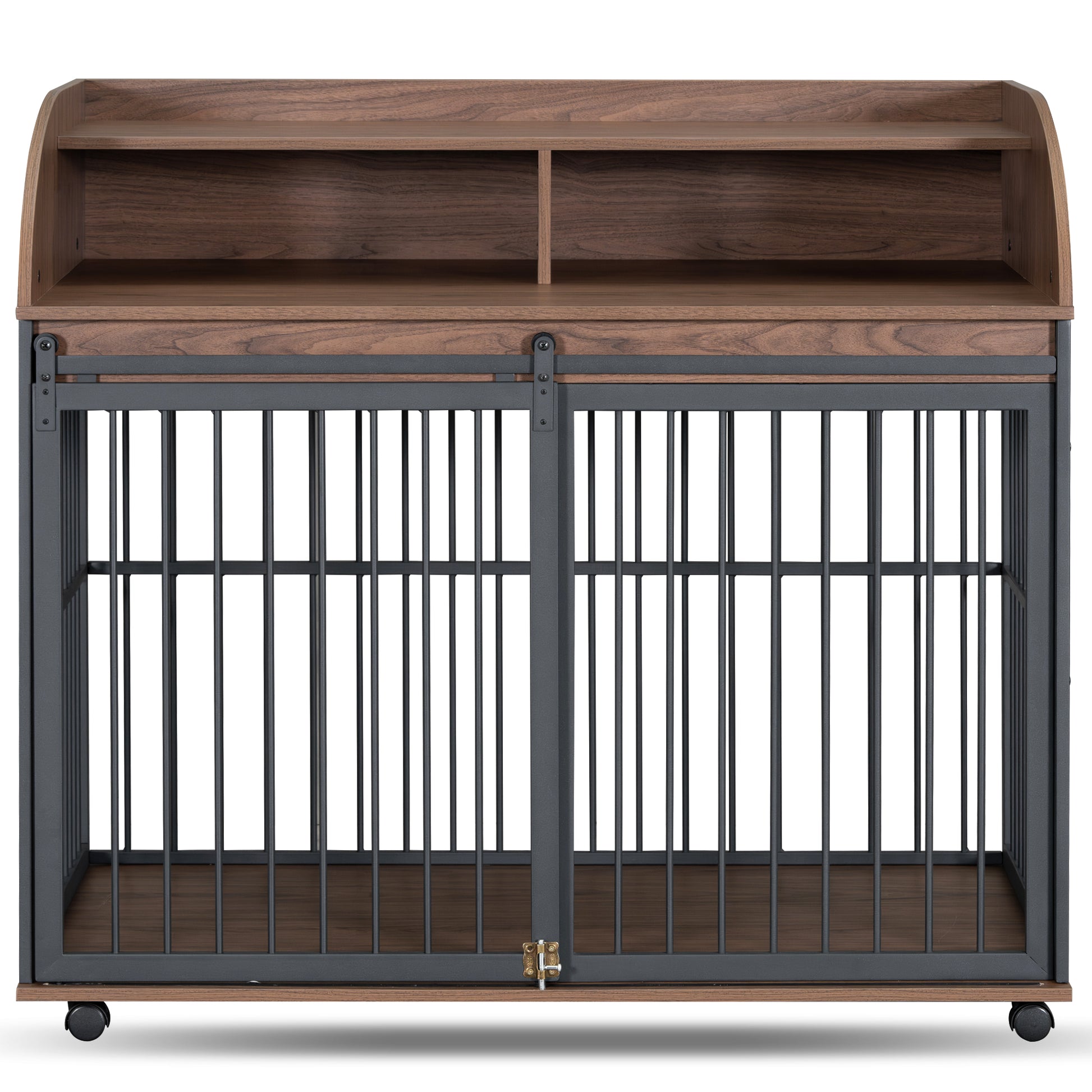 44'' Heavy Duty Large Dog Crate Furniture For Large Medium Dog With Lockable Wheels, Wooden Dog Crate Dog Kennel, End Table Crate With Double Layer Storage, Brown Brown Engineered Wood