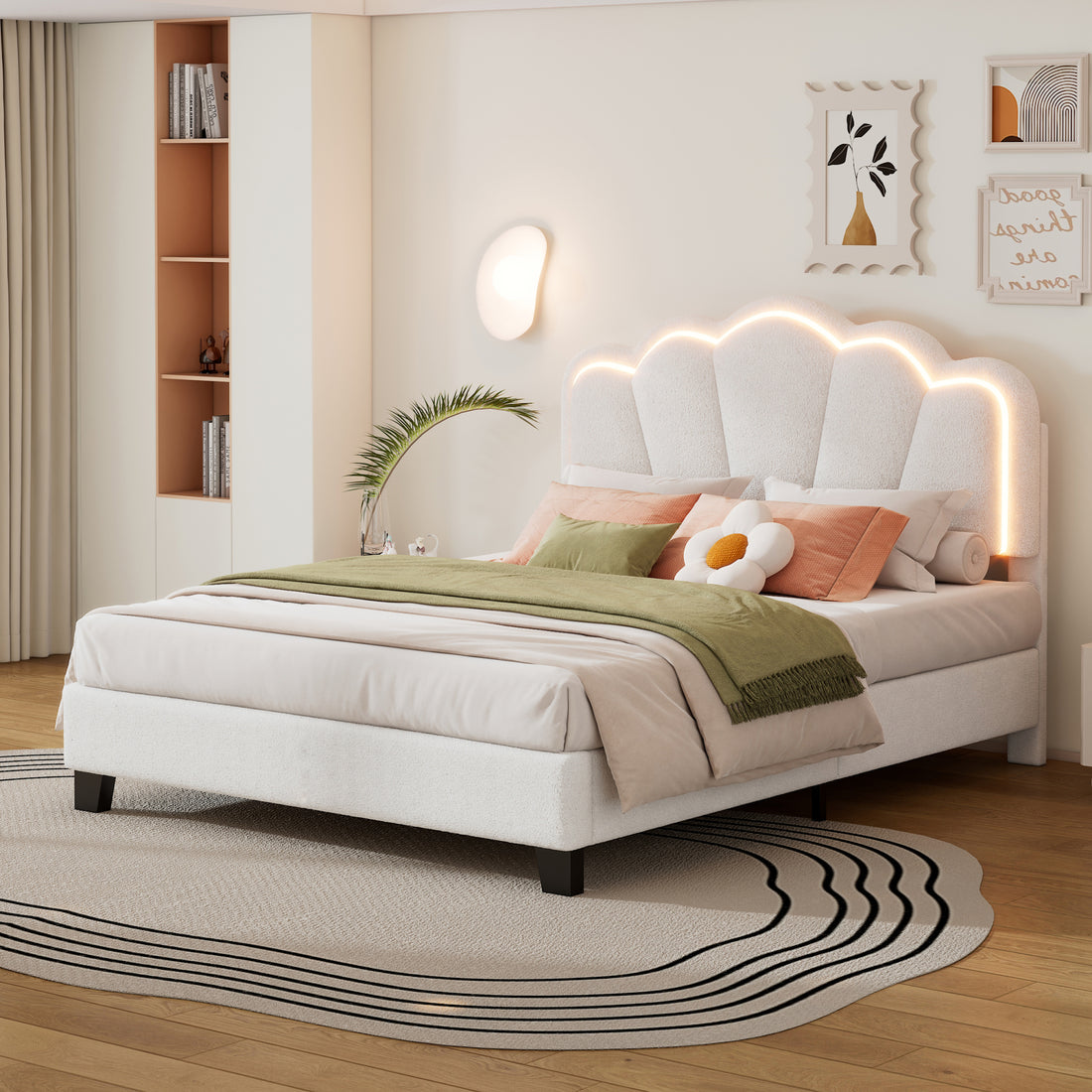 Full Size Upholstered Flower Shape Bed, Elegant Flowers Headboard With Led Light Strip, Sherpa Fabric Platform Bed With Wooden Slats Support, White Full White Wood