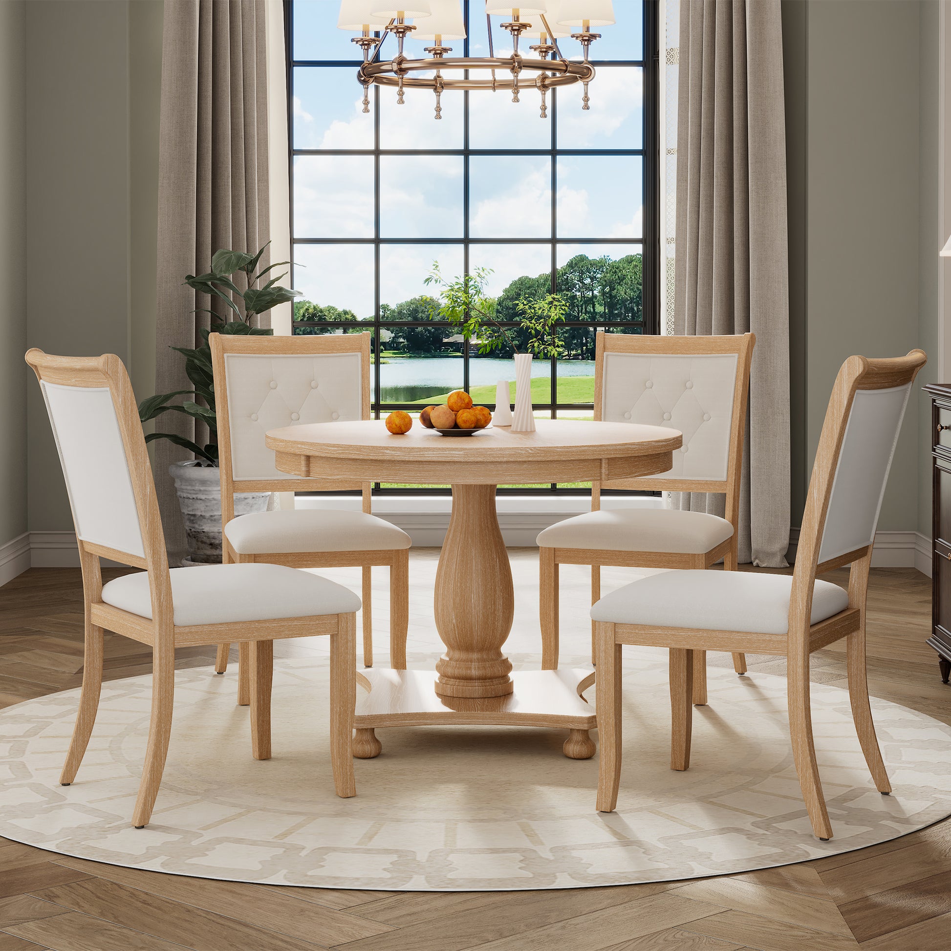 5 Piece Retro Dining Set, Round Table With Pedestal Table Base And 4 Upholstered Chairs For Dining Room And Kitchen Natural Wood Wash Natural Wood Wash Solid Wood Mdf