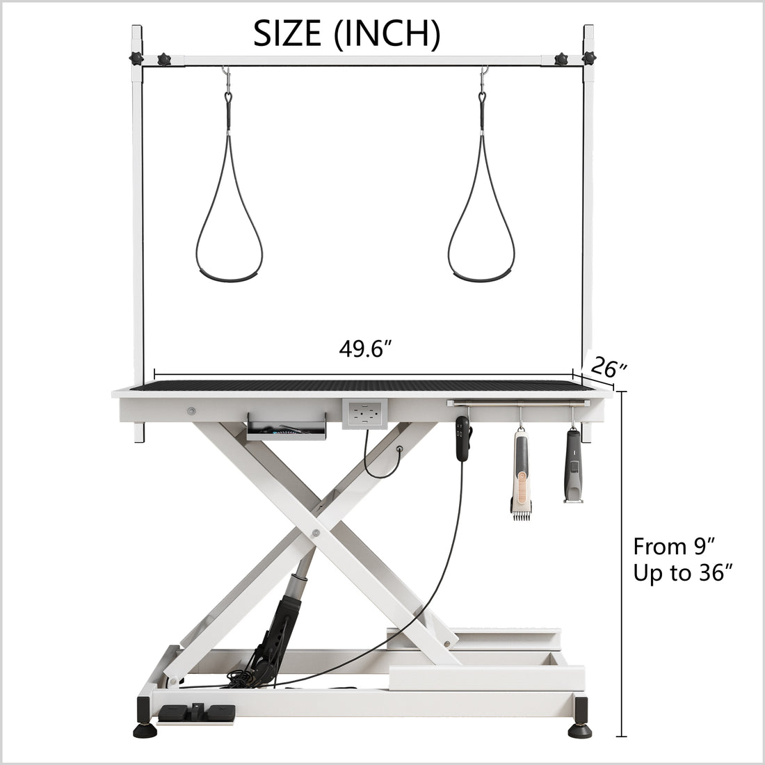 Super Deluxe Electric Pet Grooming Table, 110V 220V Professional Groomer Recommend Adjustable Height From 9.4" To 39.37" White Color Black White Carbon Steel