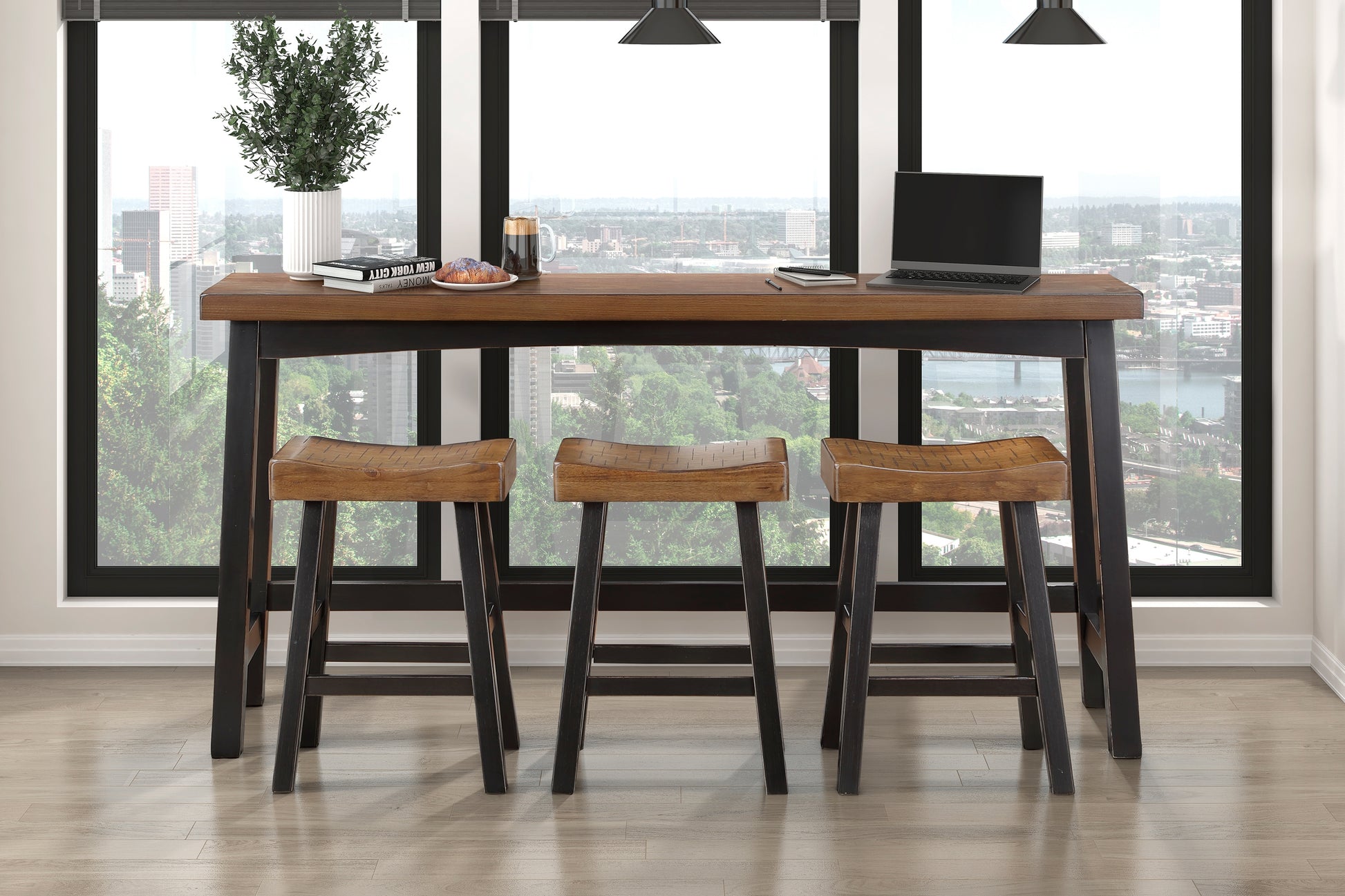 Transitional Design Counter Height Stools Set Of 2Pcs, Black And Brown Finish Solid Rubberwood Furniture Black,Brown Dining Room Transitional Set Of 2 Solid Wood