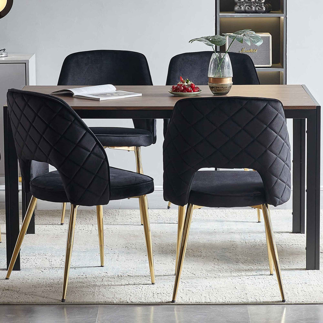 Black Velvet Dining Chairs With Metal Legs And Hollow Back Upholstered Dining Chairs Set Of 4 Metal Black Dining Room Foam Dry Clean Modern Dining Chairs Velvet