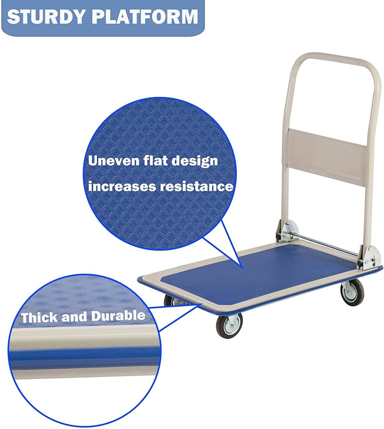 Platform Truck Hand Flatbed Cart Dolly Folding Moving Push Heavy Duty Rolling Cart With 4 Wheels, 330 Lbs Weight Capacity Blue Metal