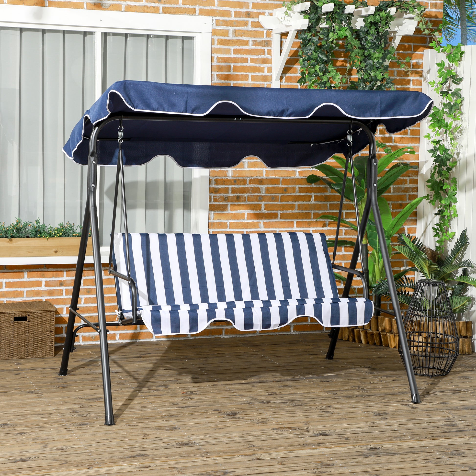 Outsunny 3 Seat Outdoor Patio Swing Chair With Removable Cushion, Steel Frame Stand And Adjustable Tilt Canopy For Patio, Garden, Poolside, Balcony, Backyard, Dark Blue Dark Blue Steel