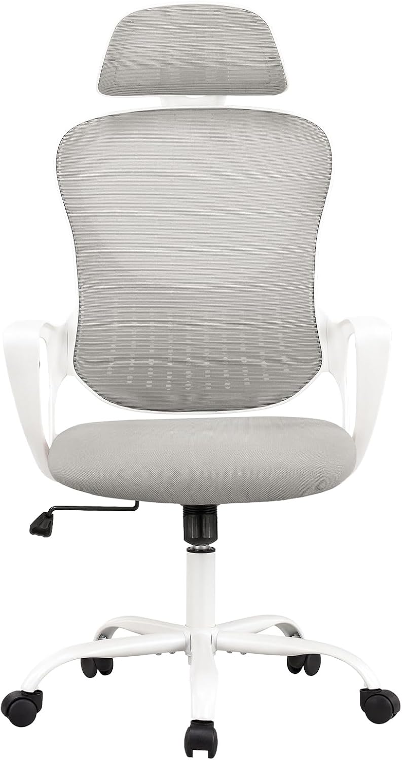 High Back Mesh Rolling Work Task Chairs With Wheels And Adjustable Headrests, Comfy Lumbar Support, Armrest For Bedroom, Gaming, Grey Grey Metal